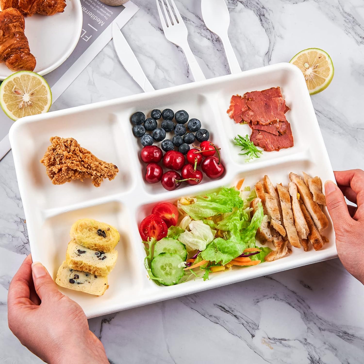 ECOLipak Compostable Disposable 5 Compartment Paper Plates, 12.5inch | Disposable 5 Compartment Paper Plates, Biodegradable Sugarcane Plates, Eco-Friendly School Lunch Trays - Image 4