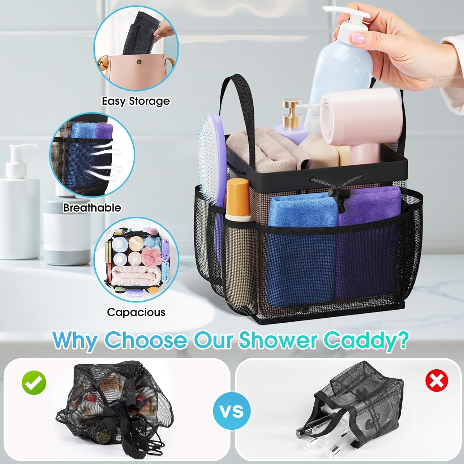 Large Mesh Shower Caddy Portable with Drawstring, 1 Main Compartment+ 7 Pockets, College Dorm Room Essentials for Girls, Shower Organizer Hanging Bag for Beach, Swim, Gym, Travel(Black) - Image 4