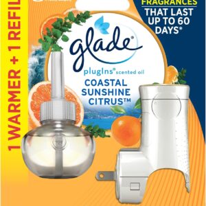 Glade PlugIns Refills Air Freshener Starter Kit, Scented Oil for Home and Bathroom, Coastal Sunshine Citrus, 0.67 Fl Oz, 1 Warmer + 1 Refill