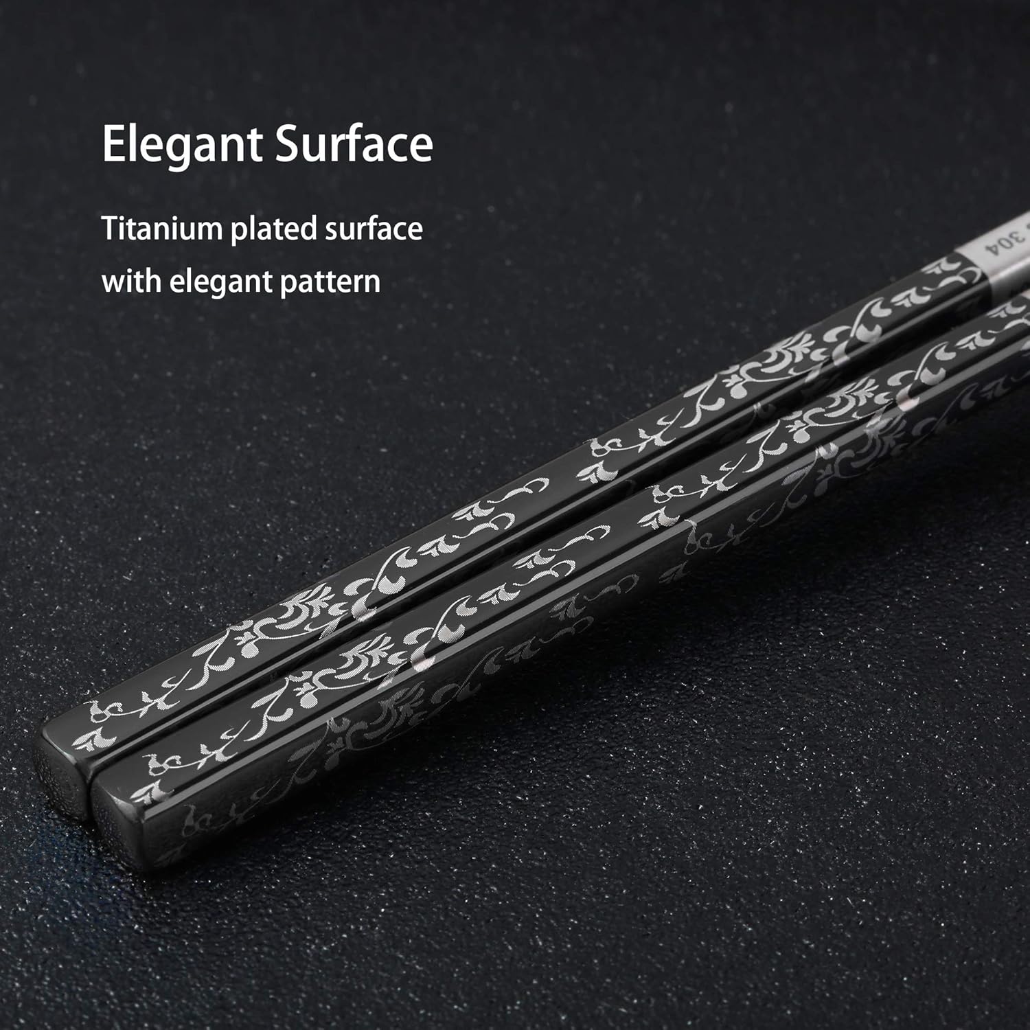 Stainless Steel Chopsticks Titanium Plated Metal Chopsticks Reusable Dishwasher safe Premium Japanese Korean Chopstick Laser Engraved Anti-slip Chop Sticks for Eating 2 Pairs Gift Set Black Silver - Image 3