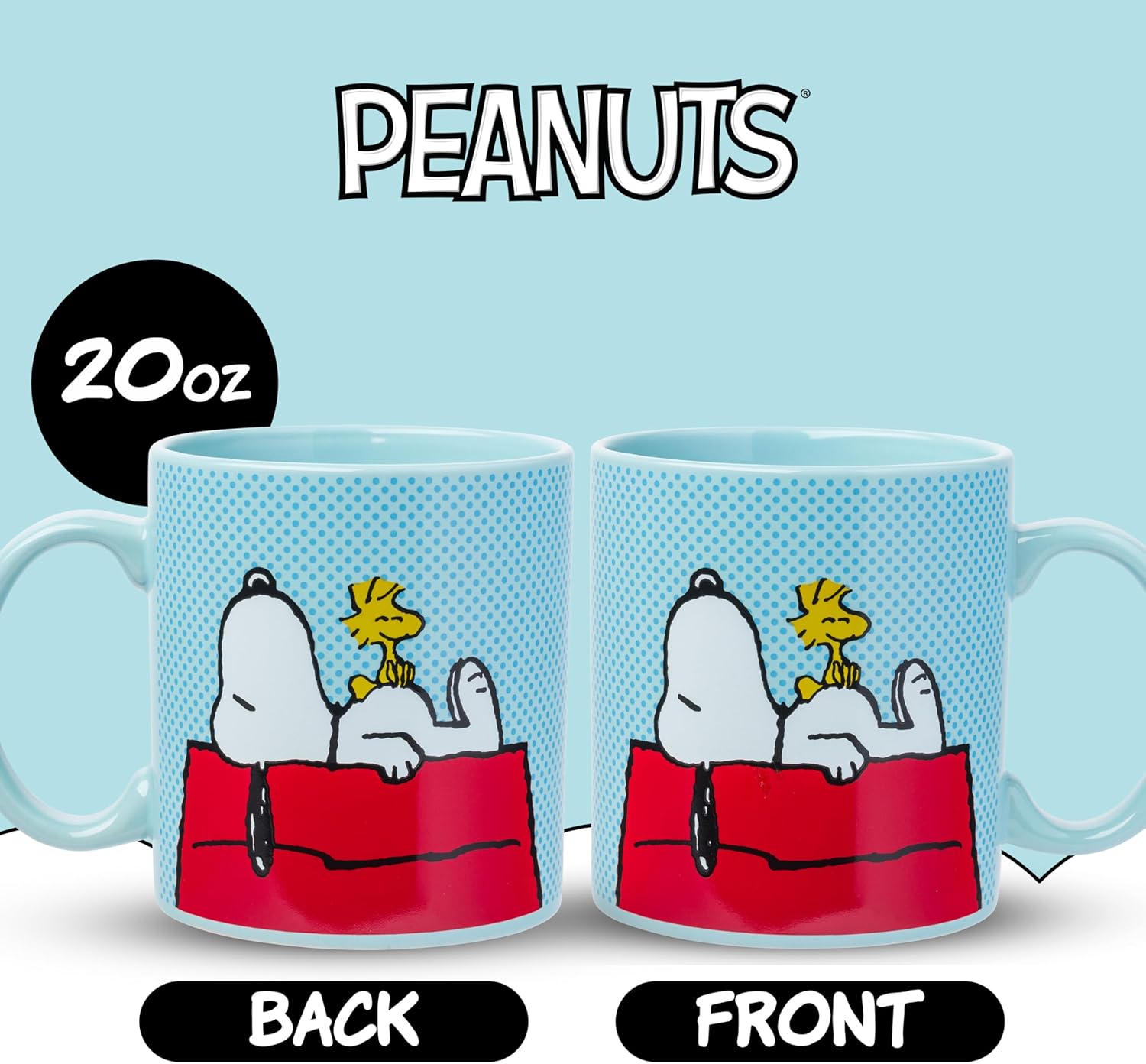 Silver Buffalo Peanuts Snoopy and Woodstock on House Blue Dot Background Ceramic Coffee Mug, 20 Ounces - Image 3