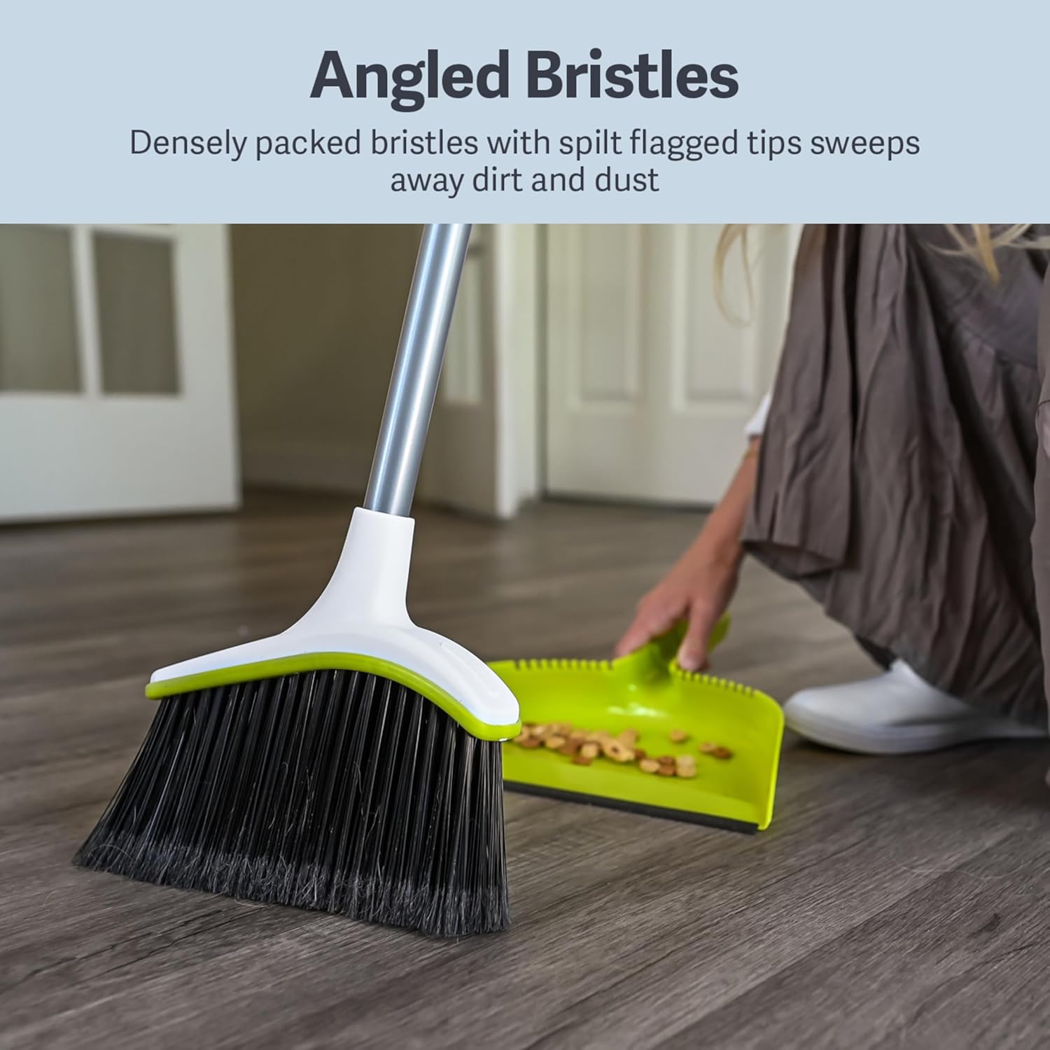 Casabella Basics 2-Piece Angled Broom and Dustpan Set, 44" Angled Broom with Long Handle and Dustpan, Silver/Green - Image 6