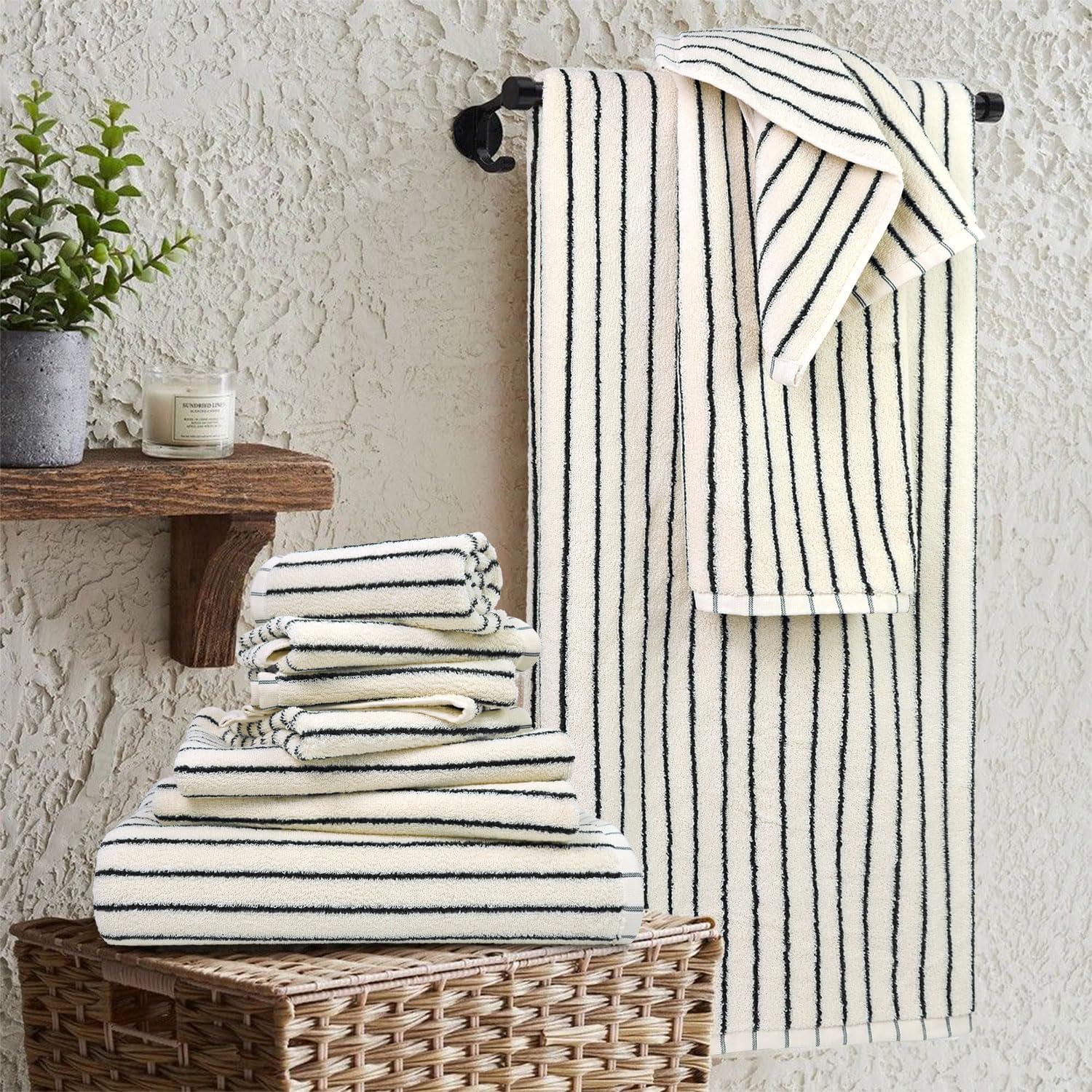 Jacquotha 8 Piece Black and Ivory Towel Set, Super Soft & Absorbent Cotton Striped Towels for Bathroom Decor, 2 Bath, 2 Hand, 4 Washcloths - Image 2