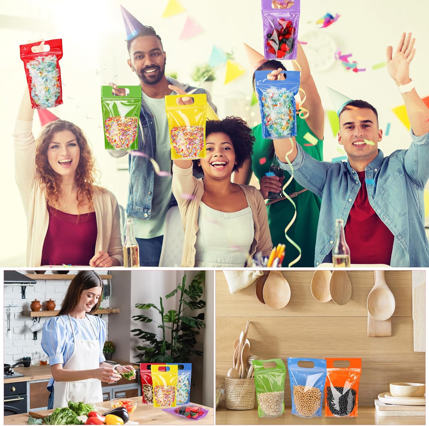 Sinload 120 Pcs Plastic Gift Bag Bulk Resealable Party Goodie Bag with Clear Window Color Favor Pouch with Handle for Home Birthday Wedding Party Candy Gift Wrap Supplies (Clear,4.7 x 7.9 Inch) - Image 8