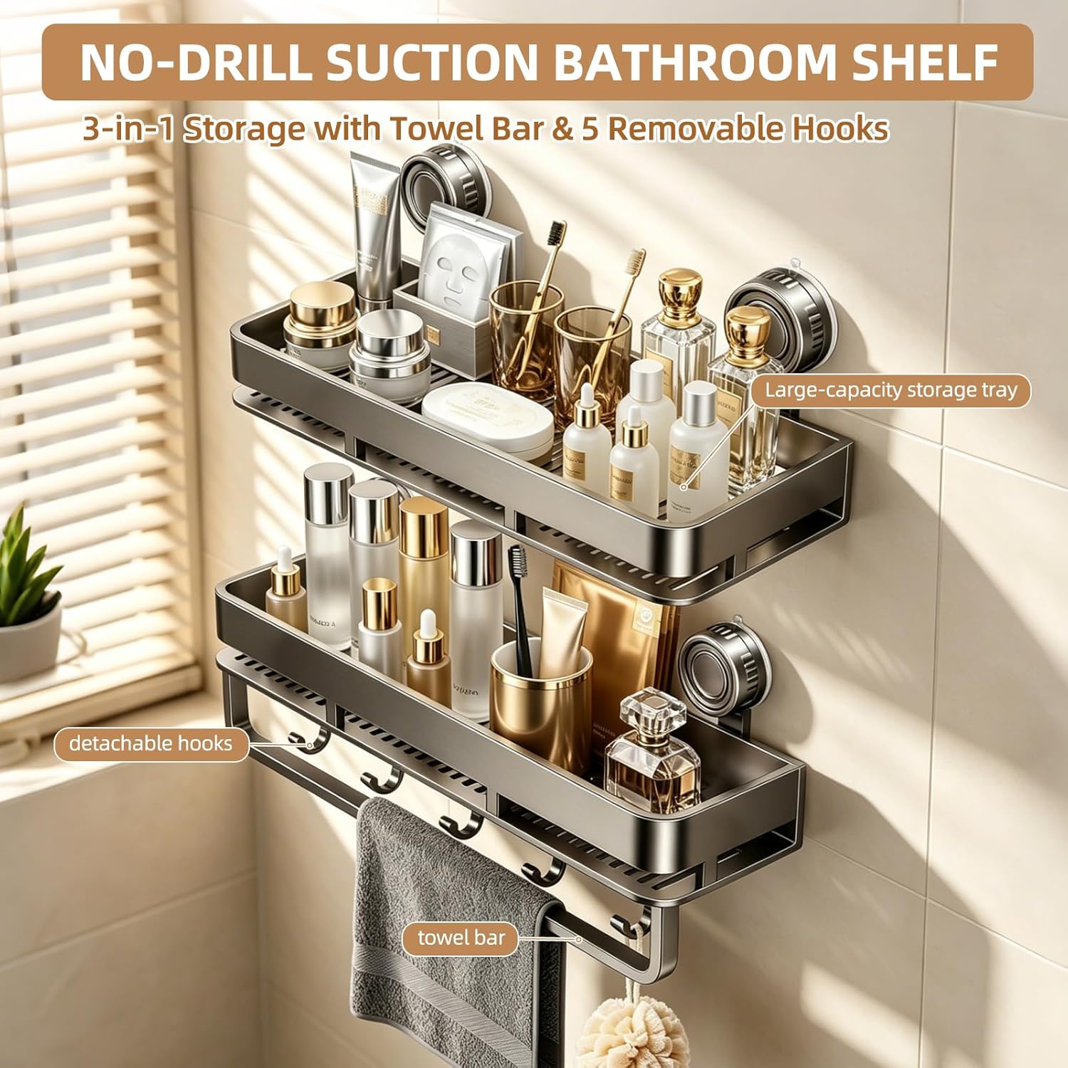 Suction Cup Shower Caddy, No Drilling Rectangular Shelf for Inside Shower, Heavy Duty Carbon Steel Bathroom Organizer Storage Rack with Towel Bar & Hooks, Rust-Resistant (Grey,2-Pack) - Image 3