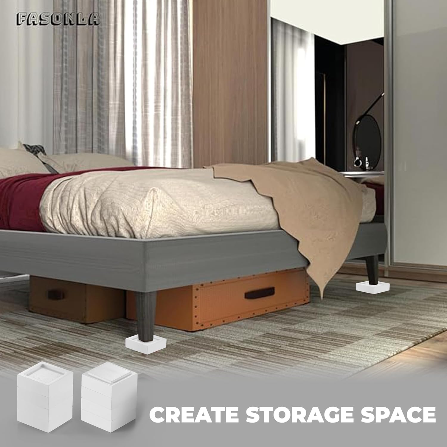 FASONLA Bed Risers (Set of 8) Furniture Risers Lifts Height 1", 2", 3" or 4", Solid Natural Wood Risers, Non-Slip Recessed Hole to Heavy Bed/Furniture (White Color) - Image 7
