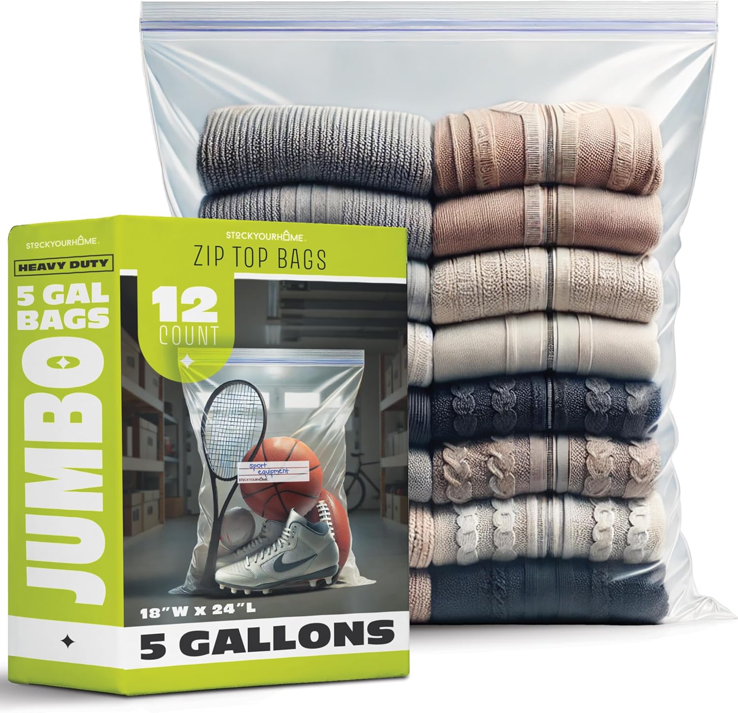 Zipper Storage Bags, (Pack of 12) 5 Gallon Resealable Food Storage Bag, Extra Large Zip Top Bags, Great Storage for Food, Clothing, Office Supplies & Travel Essential, 2 Mil Thick, Size 18"x 24" - Image 2