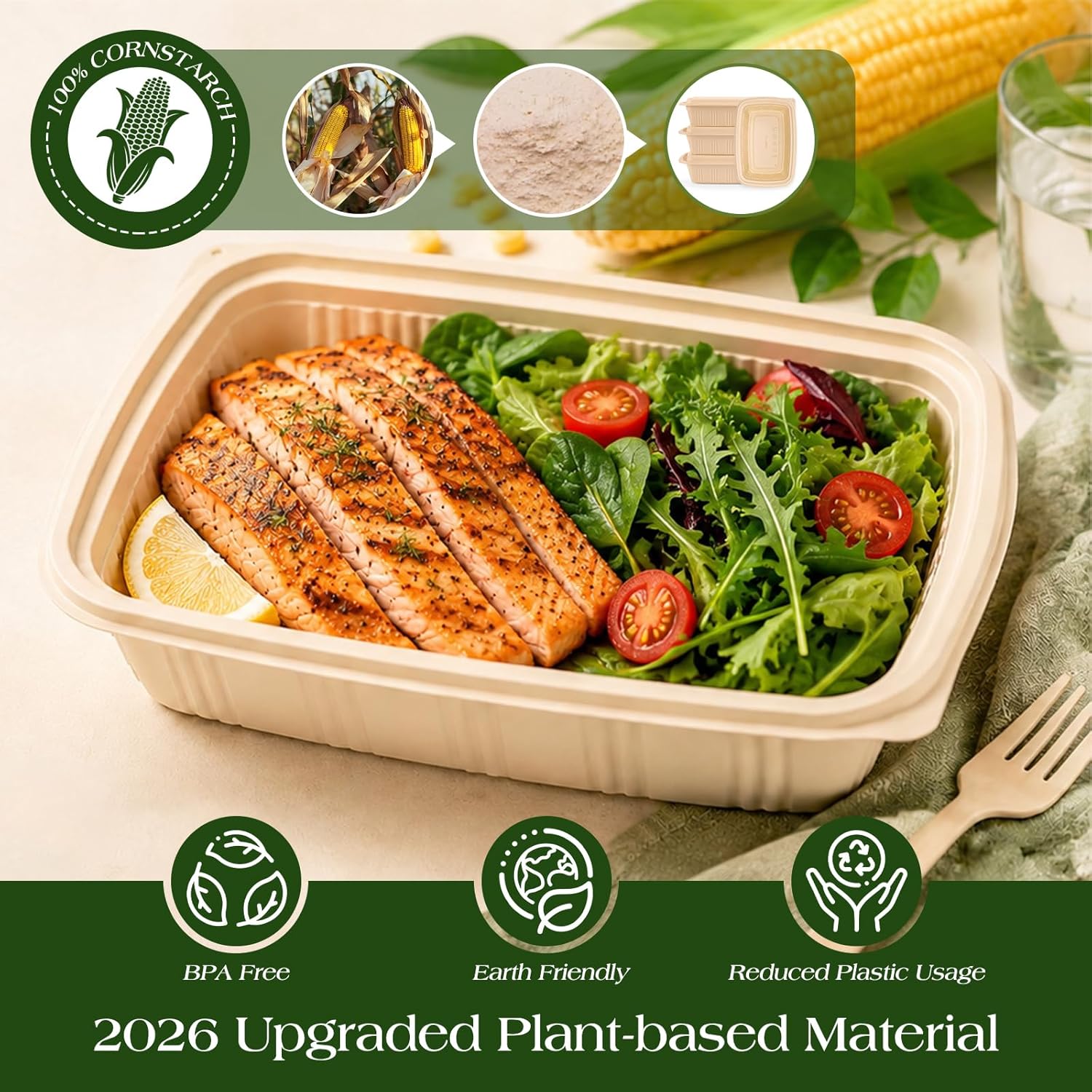 100 Piece (50 Pack) Meal Prep Containers with Lids, 28 oz Cornstarch Food Storage Containers Plant-based Lunch Box for Salad,BPA Free Plastic Take Out Containers Microwave and Freezer Safe - Image 3