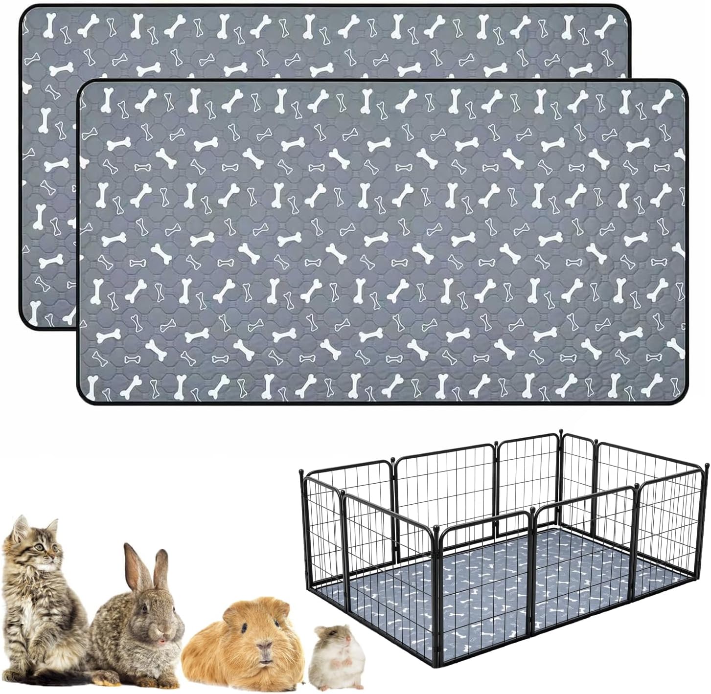 2 Pack Reusable Washable Pet Pee Pads, 24" x 48" Guinea Pig Cage Liner, Waterproof Non-Slip Absorbent Bedding Training Mat for Small Animal Guinea Pigs Rabbit Bunny Hamster Gray - Image 2