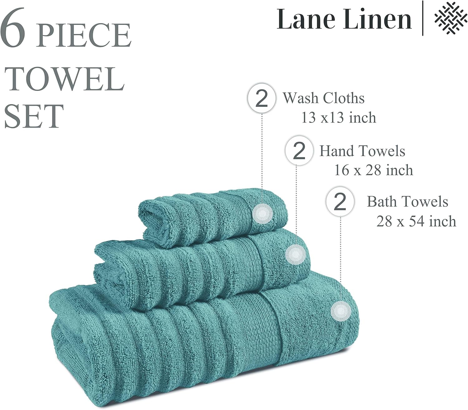 LANE LINEN Large Bath Towels Set - Premium Quality, Soft, 100% Cotton Towels for Bathroom, Hotel & Spa - Includes 2 Bath, 2 Hand & 2 Wash Cloths, Super Absorbent Quick Dry Towel (6 Piece Set) - Teal - Image 2