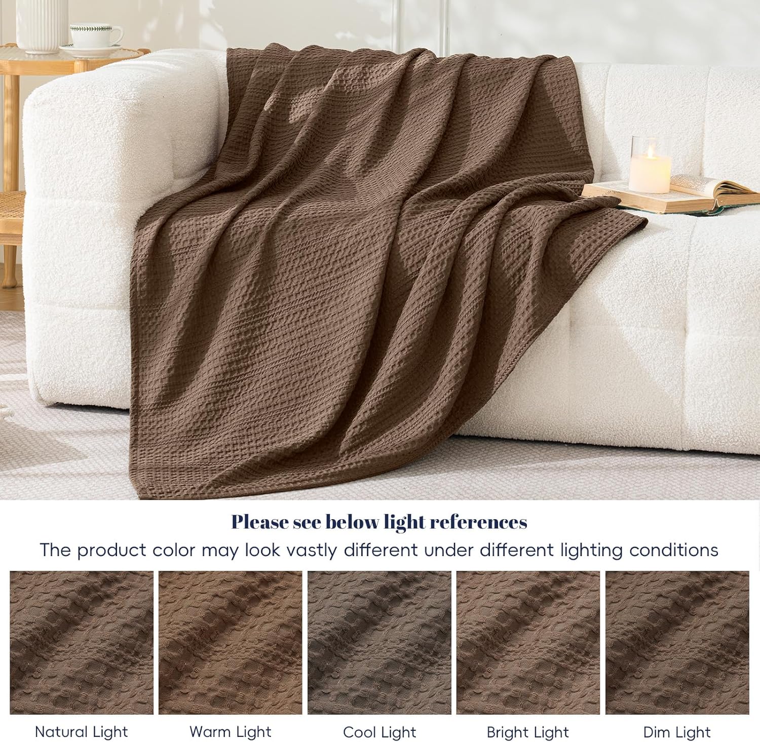 PHF Lightweight Waffle Weave Blanket Queen Size 90"x 90", Soft Woven Summer Blanket for Hot Sleepers - Aesthetic Home Decor for Couch Bed Sofa, Pet Friendly, Cocoa Brown - Image 6