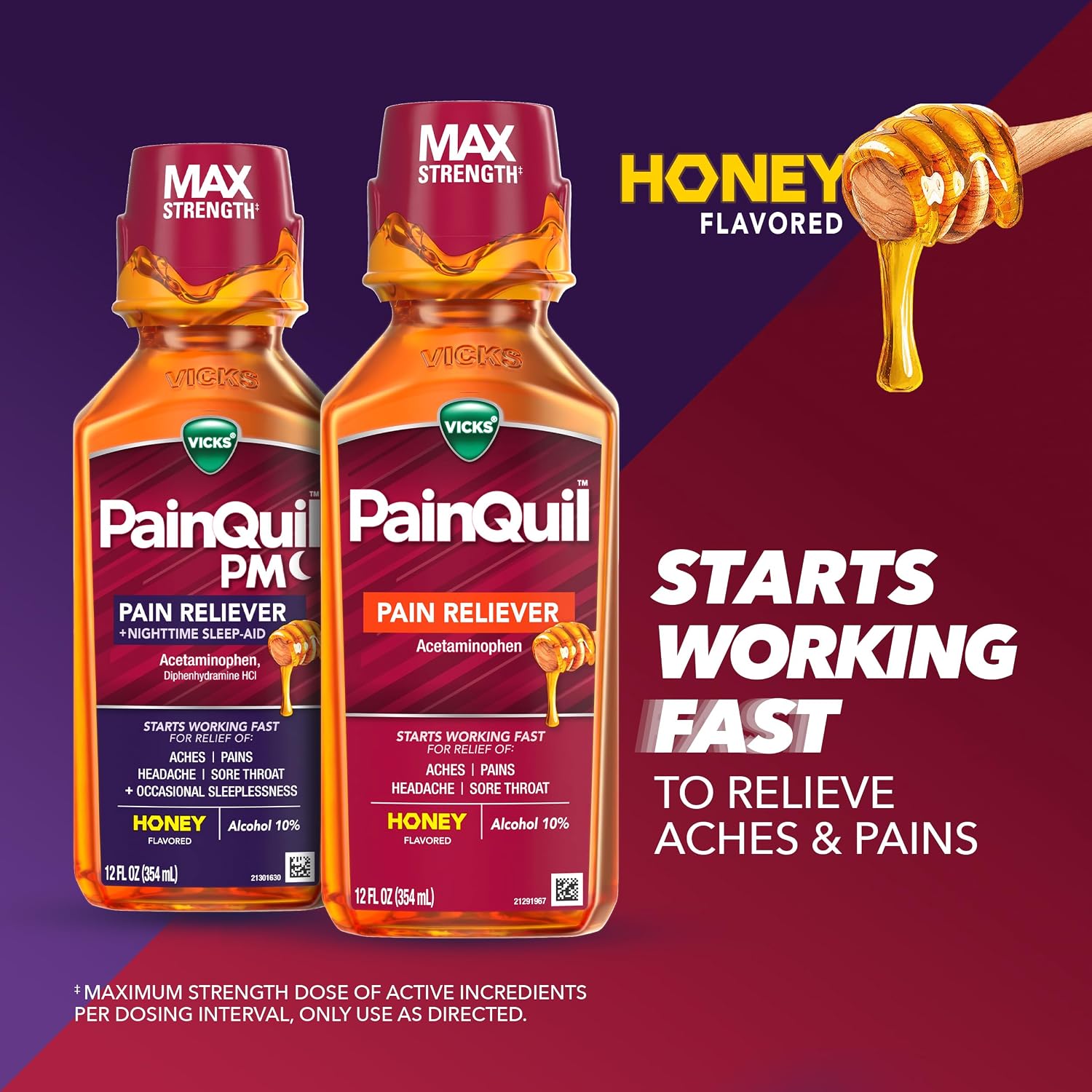 Vicks PainQuil Pain Relief Acetaminophen 1000mg Max Strength Honey Flavored Adult Pain Reliever Liquid 2x12oz, Backache Headache Relief, 1 Daytime Pain Reliever x 1 Nighttime Pain Relief + Sleep Aid - Image 3