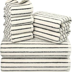 Jacquotha 8 Piece Black and Ivory Towel Set, Super Soft & Absorbent Cotton Striped Towels for Bathroom Decor, 2 Bath, 2 Hand, 4 Washcloths