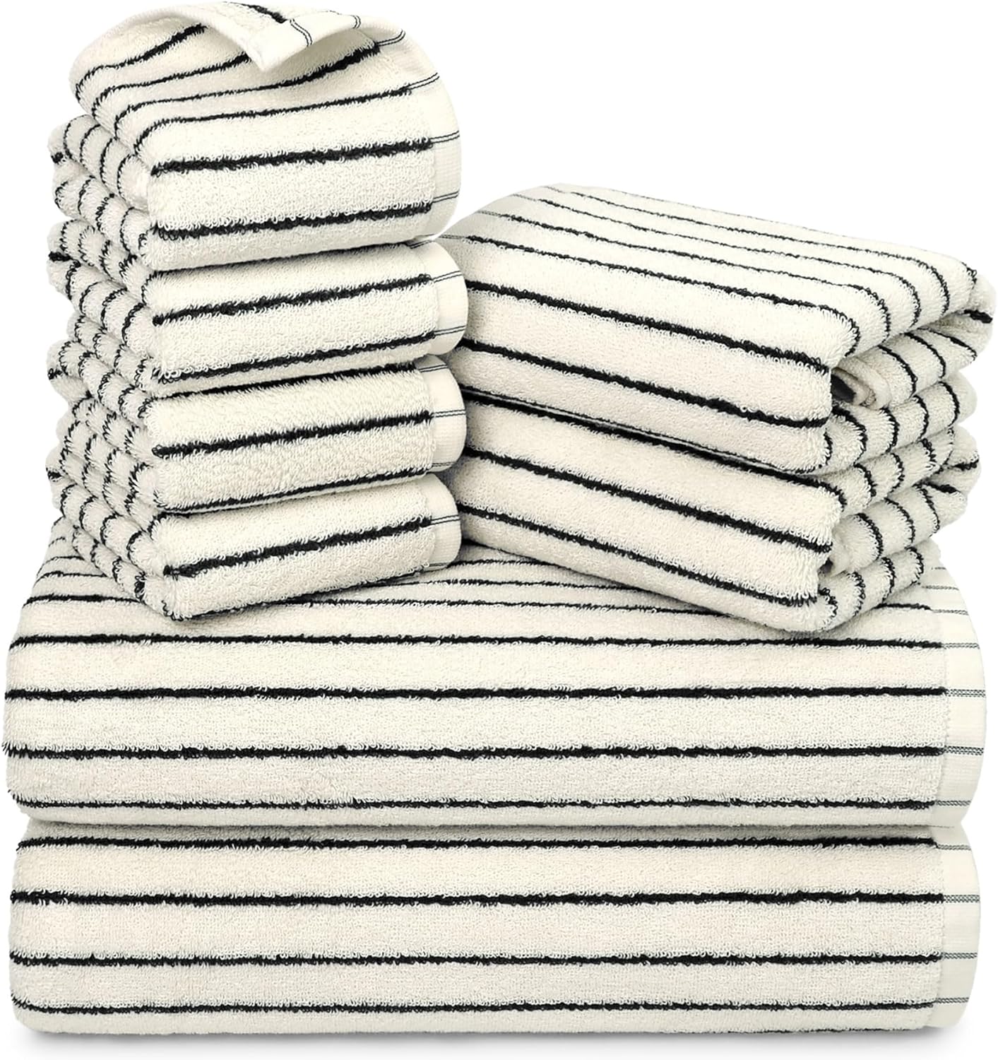 Jacquotha 8 Piece Black and Ivory Towel Set, Super Soft & Absorbent Cotton Striped Towels for Bathroom Decor, 2 Bath, 2 Hand, 4 Washcloths