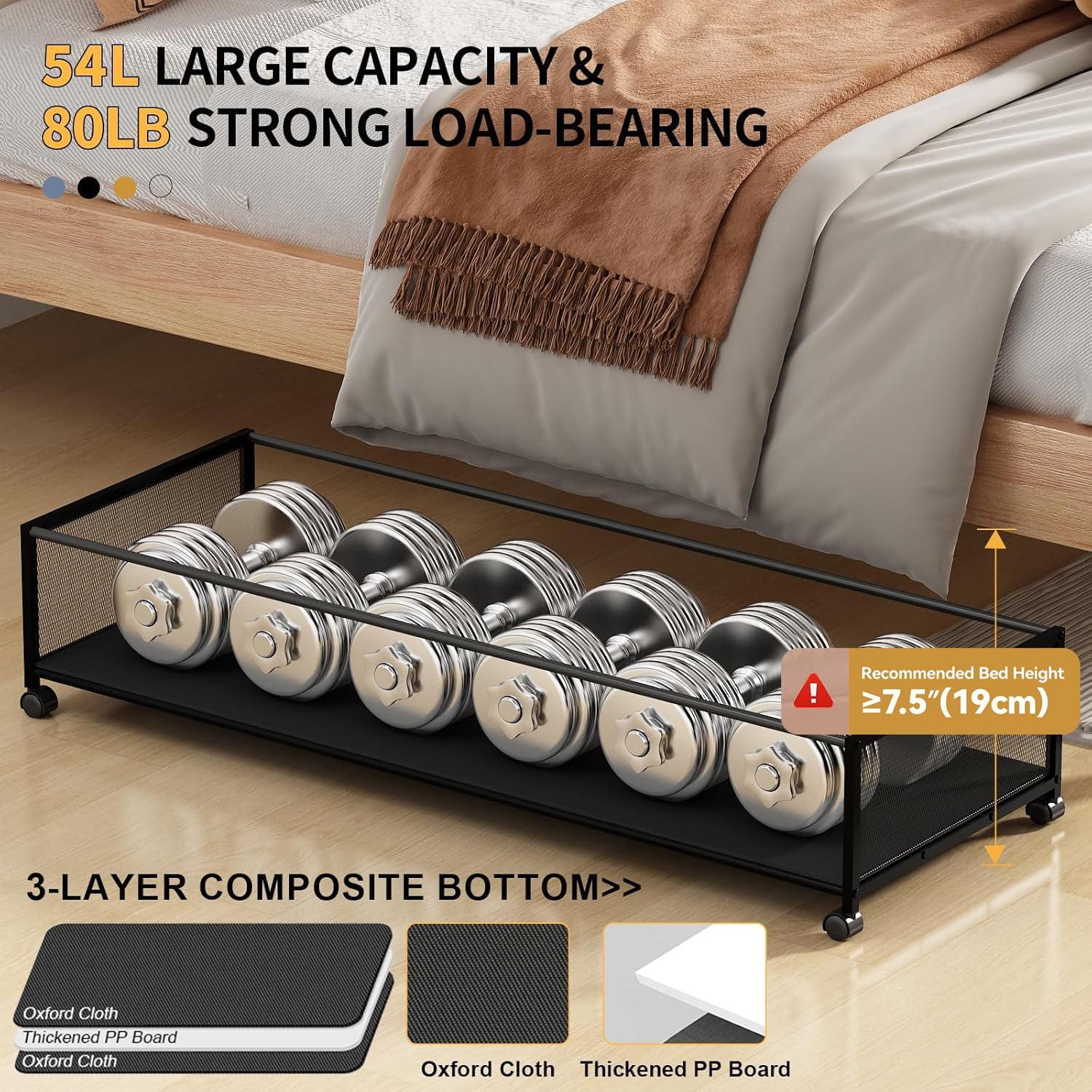 Under Bed Storage Containers with Wheels Large Underbed Shoes Blankets Clothes Toy Storage Drawers for College Dorms Bedrooms Nursery Rooms Organization (Black 2 Pack, 7.5in height(36"x16.6"x7.48")) - Image 5