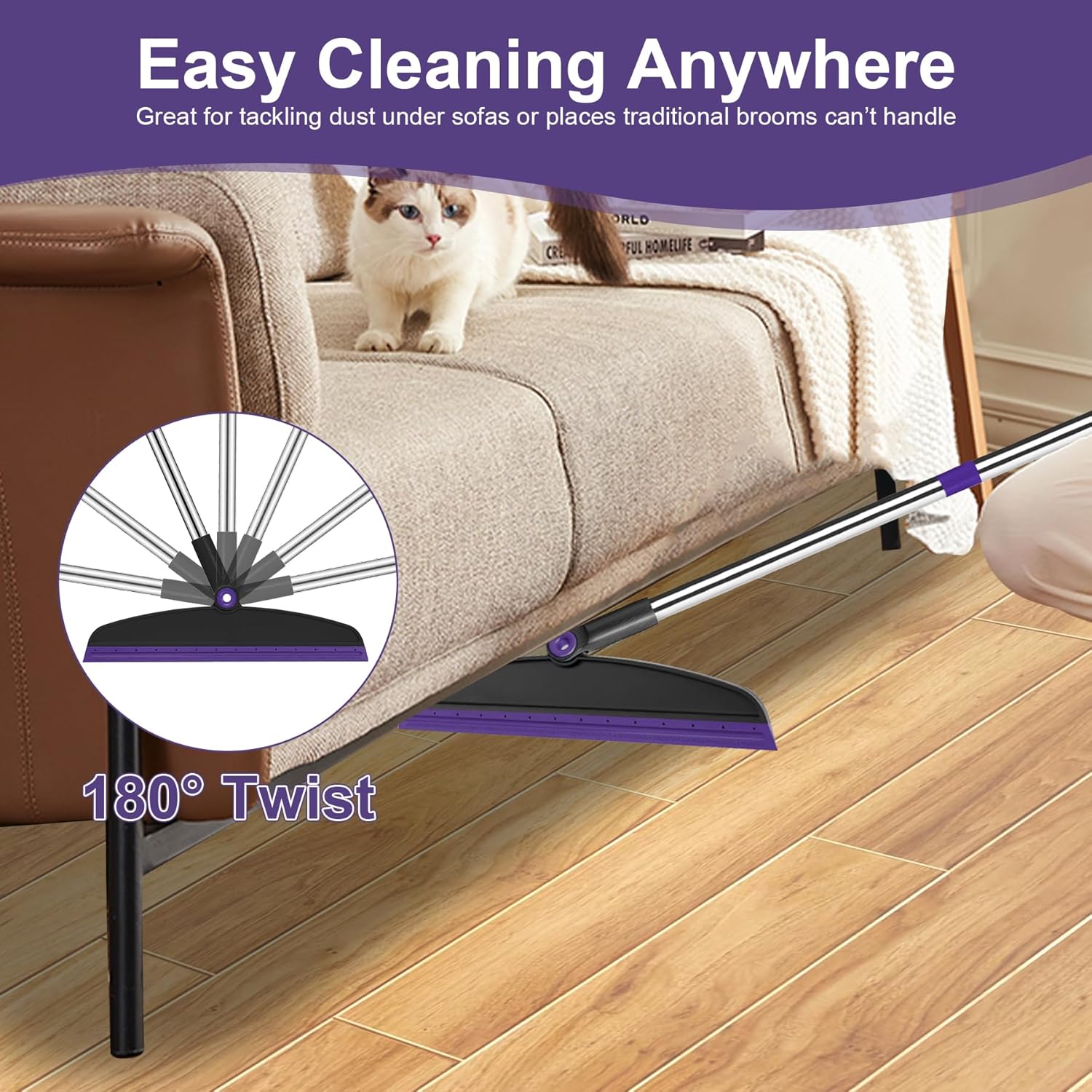 Broom with Dustpan Combo Set and Silicone Air Broom Kit, 51" Long Handle Floor Squeegee, Purple Household Kit for Glass Window Rugs Pet Hair Home - Image 10