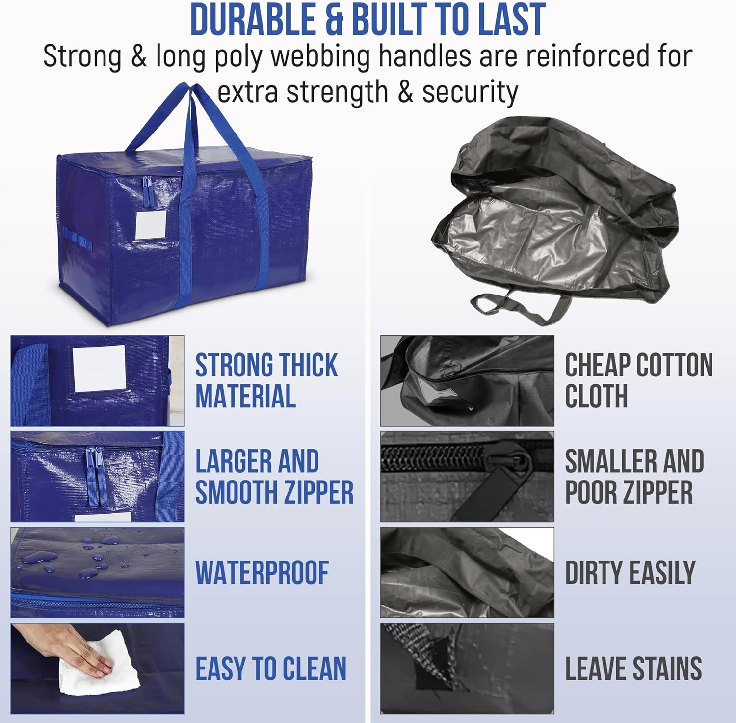 Heavy Duty Moving Bags 6 Pack, 90L Extra Large Storage Bags with Zipper & Handles, Waterproof Moving Box Alternative, Reusable Storage Bins for Clothes, Bedding, Dorm & Moving Supplies - Image 8