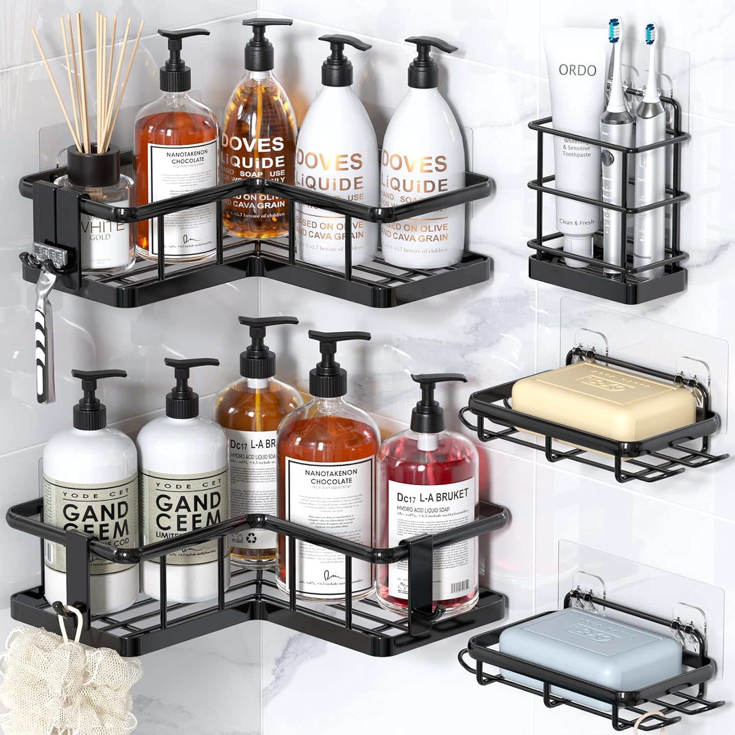 YASONIC Corner Shower Caddy, 5-Pack Adhesive Rustproof Stainless Steel Shower Organizer with Soap Holder, No Drilling Shower Shelf for Inside Shower, Dorm, Renters, Black - Image 2