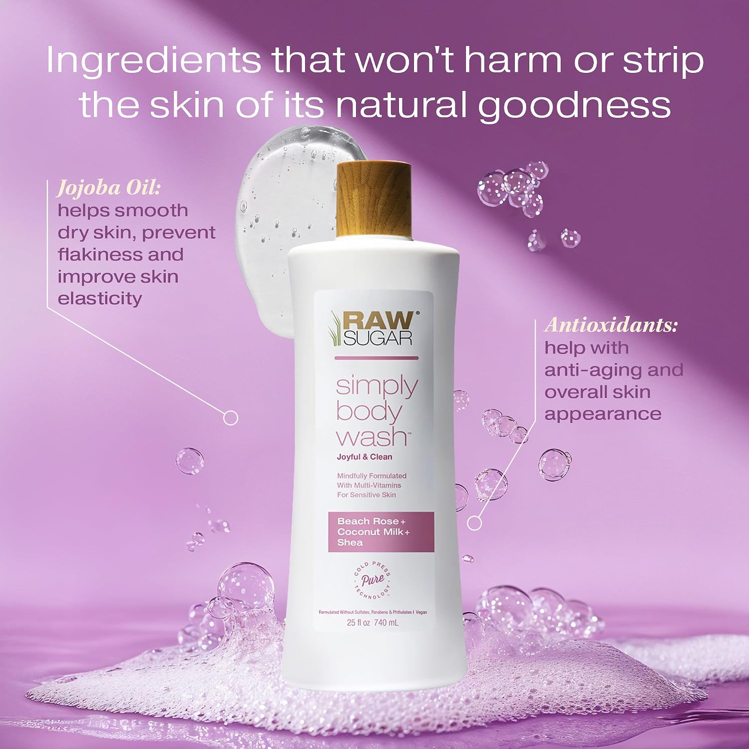 RAW SUGAR Simply Body Wash, Beach Rose + Coconut Milk + Shea (25 Fl Oz, Pack of 3) Sensitive Skin Bath Soap, Formulated without Sulfates & Parabens… - Image 5