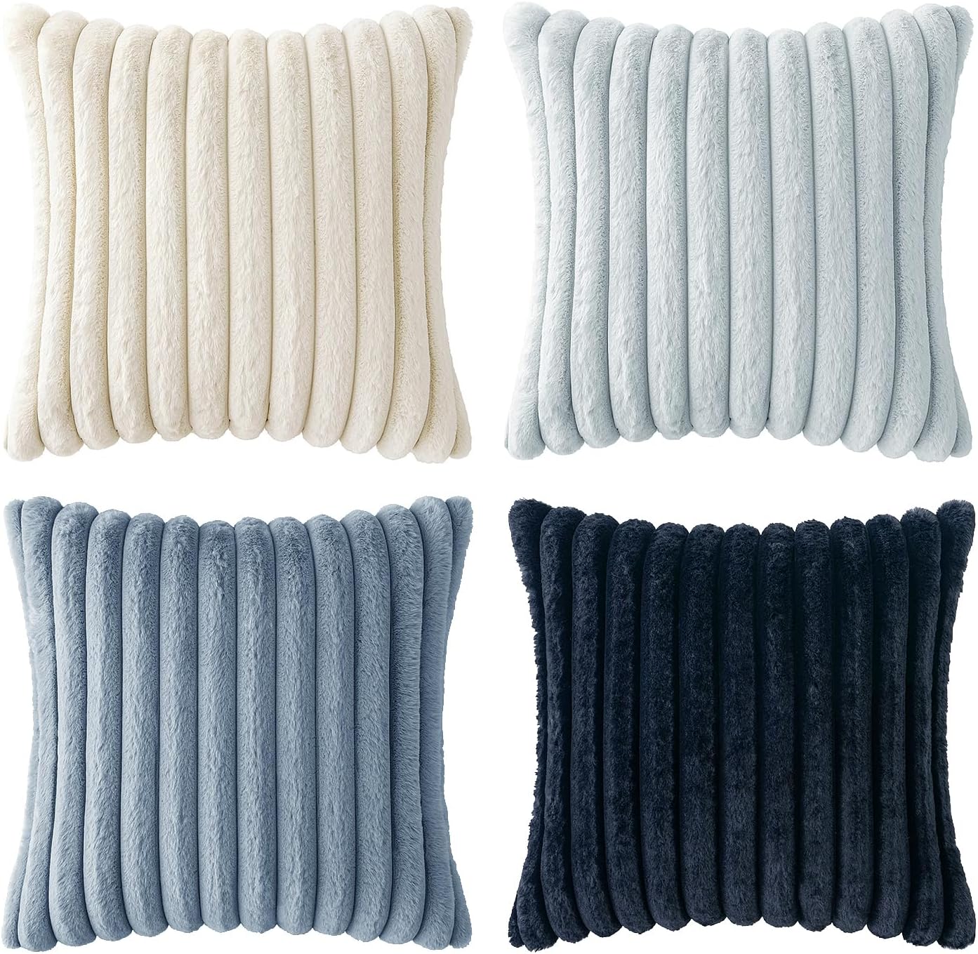 MIULEE Faux Fur Plush Decorative Throw Pillow Covers 18x18 Set of 4, Summer Modern Soft Fuzzy Coastal Striped Cushion Covers for Sofa Couch Bed Living Room Cozy Home Decor,Navy Blue - Image 9