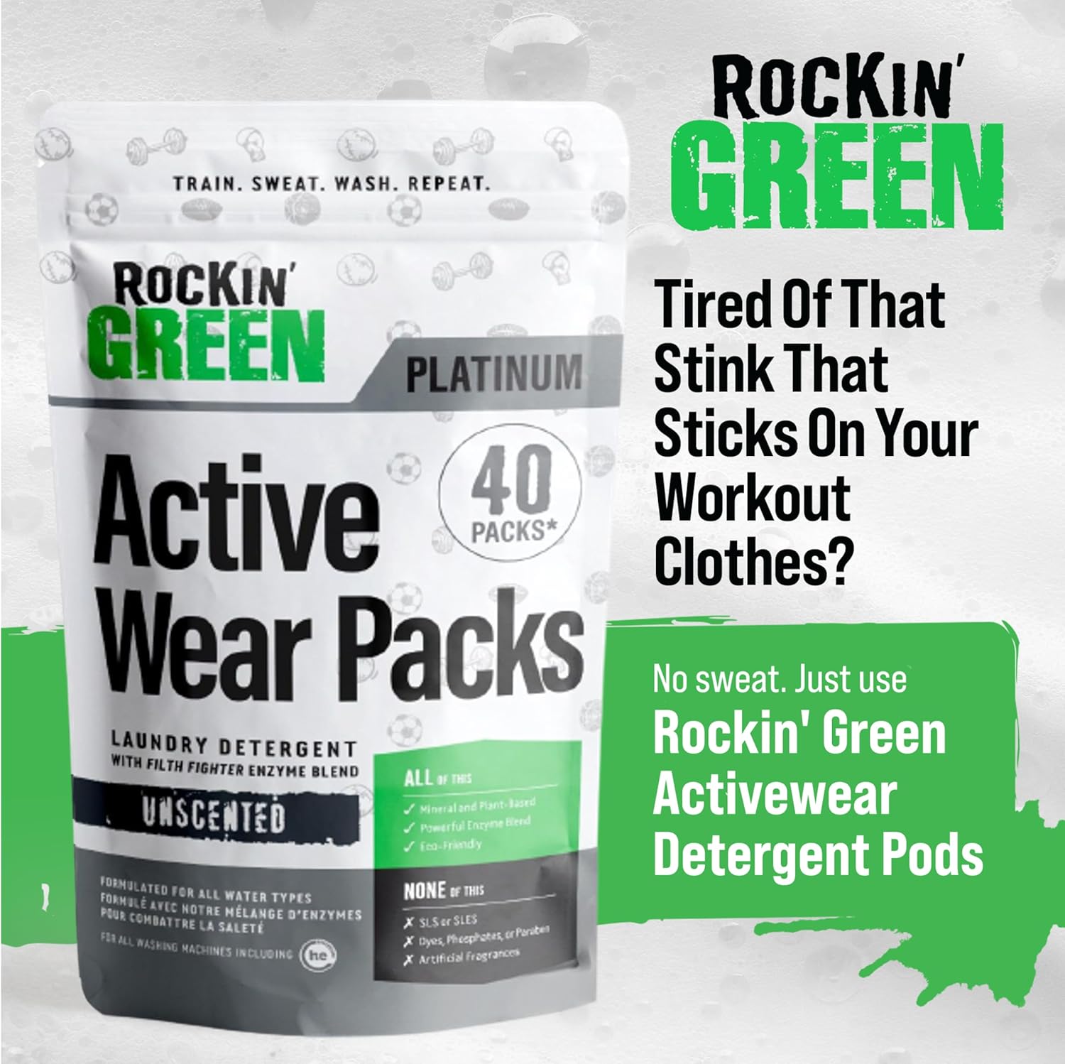 Rockin' Green Laundry Detergent Pods, Plant-based, All Natural, Vegan & Biodegradable Odor Fighter, Safe for Sensitive Skin (Unscented, Active Wear 40 Pods) - Image 3