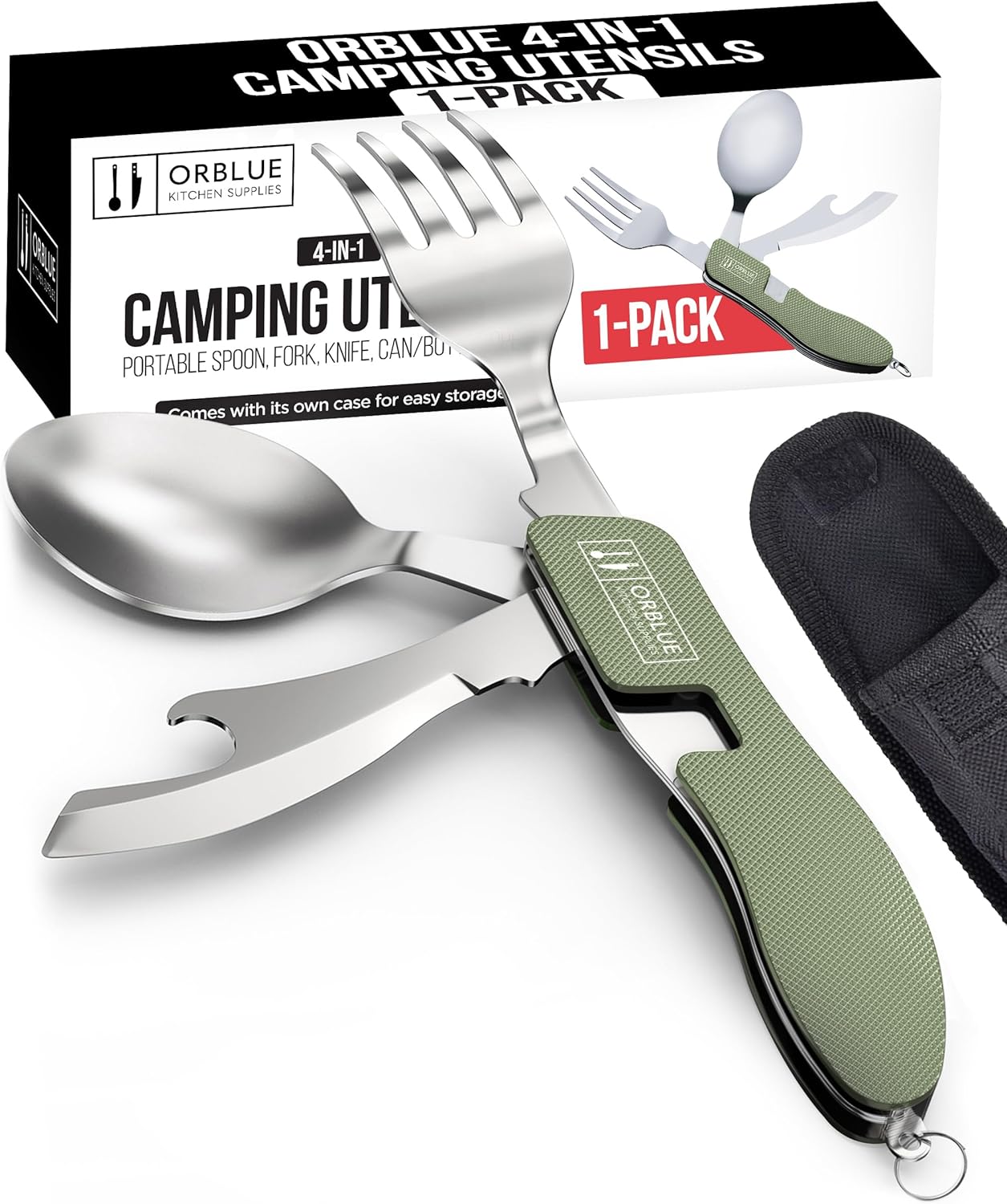 Orblue 4-in-1 Camping Utensils, 1-Pack, Portable Stainless Steel Spoon, Fork, Knife & Bottle Opener Combo Set - Travel, Backpacking Cutlery Multitool Olive Green - Image 2