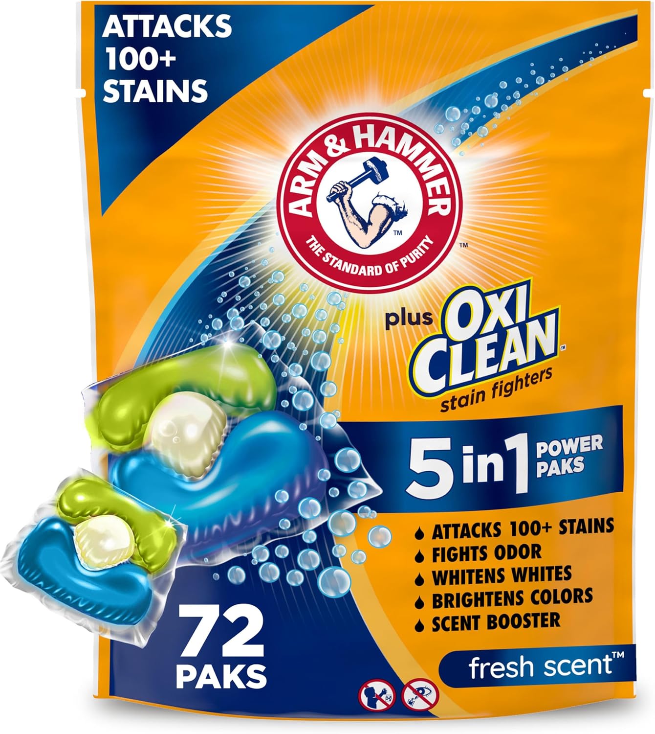 ARM & HAMMER Plus OxiClean Stain Fighters: 5-in-1 Laundry Detergent Power Paks, Fresh Scent, 72 Count - Image 2