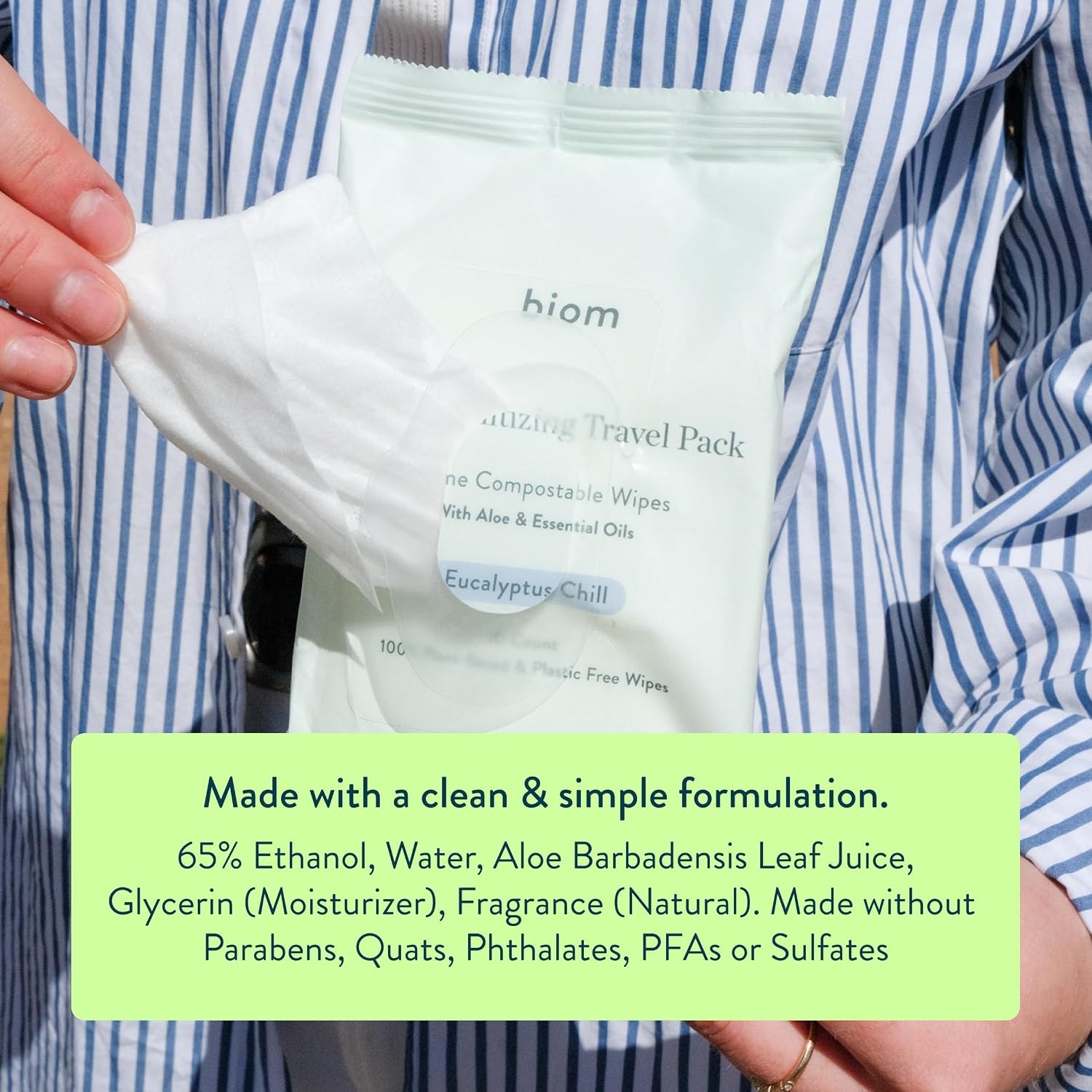 Biom Hand Sanitizing Wipes - Travel Size 10 pack(200 Wipes) 65% Ethanol Alcohol, Kills 99.9% of Germs, Removes Dirt & Grime, Made of Plant-Based & Plastic Free Fibers, Hypoallergenic -Eucalyptus Chill - Image 4