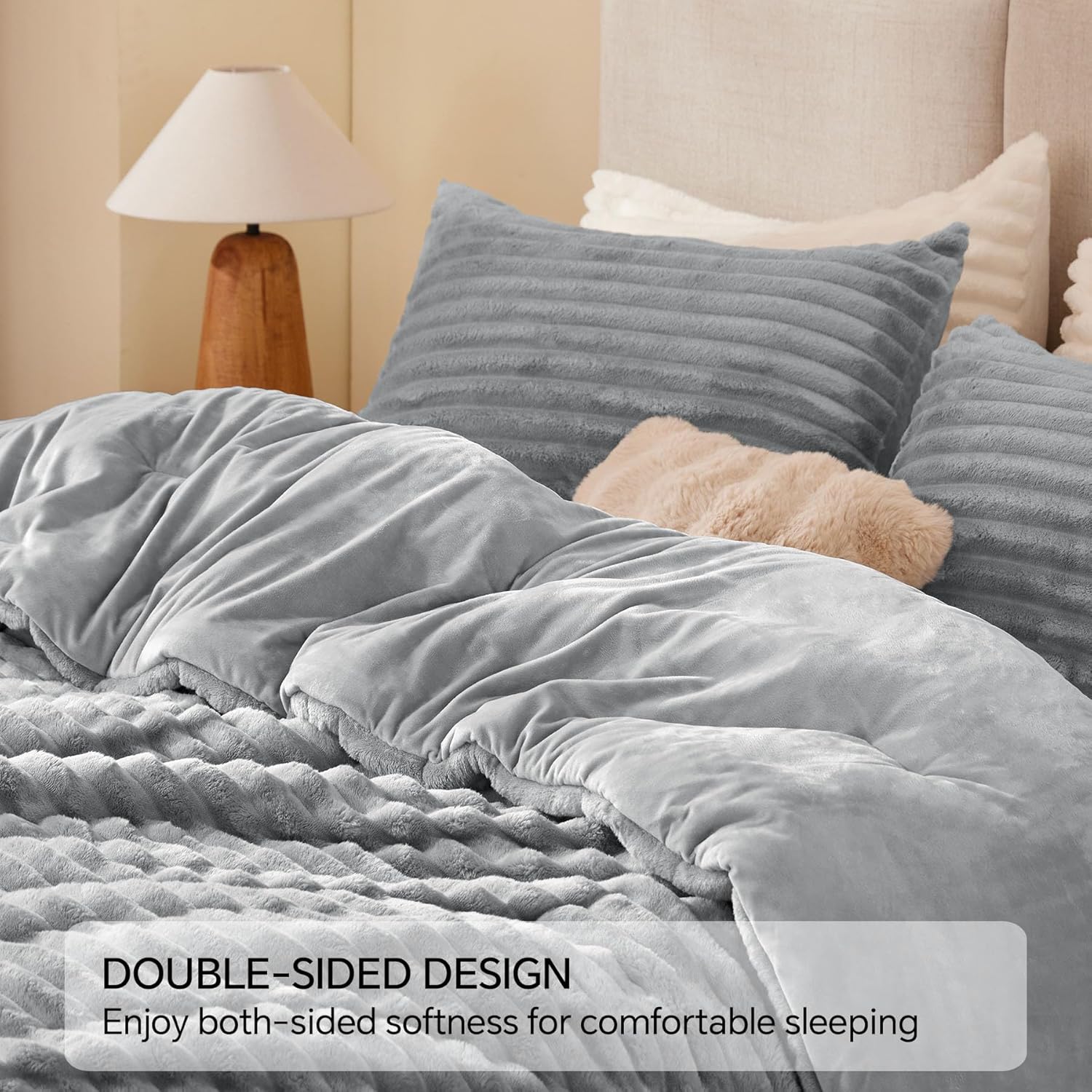 BEDELITE Fleece Queen Comforter Set -Super Soft & Warm Fluffy Light Grey Bedding, Luxury Fuzzy Heavy Bed Set for All Season with 2 Pillow Cases - Image 6