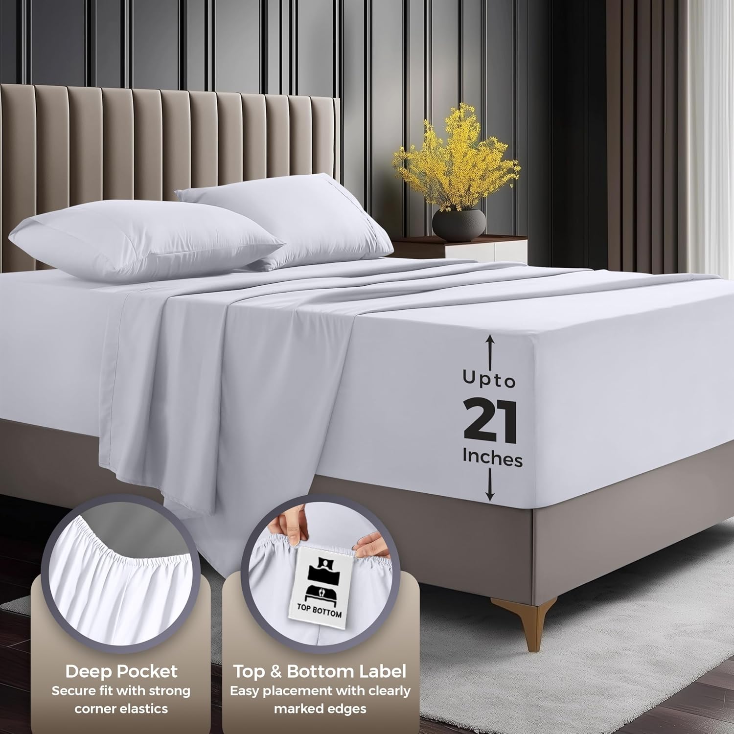 Utopia Bedding King Size Extra Deep Pocket Sheet Set – Fits Mattresses Up to 21 inches – Cooling, Soft & Breathable – Oeko-Tex 4 Piece Bed Sheets (White) - Image 6