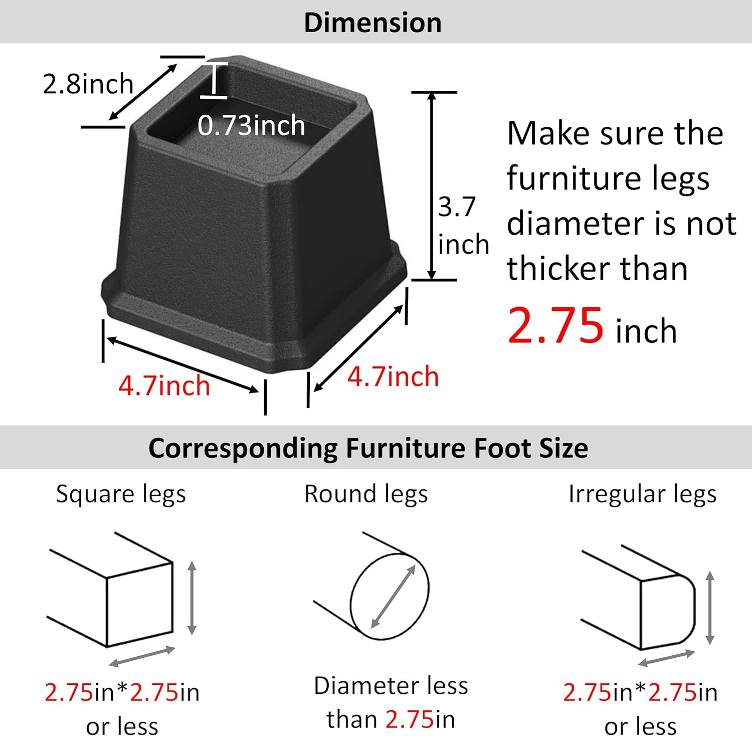 Bed Risers 3 Inch Heavy Duty Bed Elevators, Set of 6 Lifts Up 3,000 lbs Furniture Riser for Sofa and Table, Black - Image 2