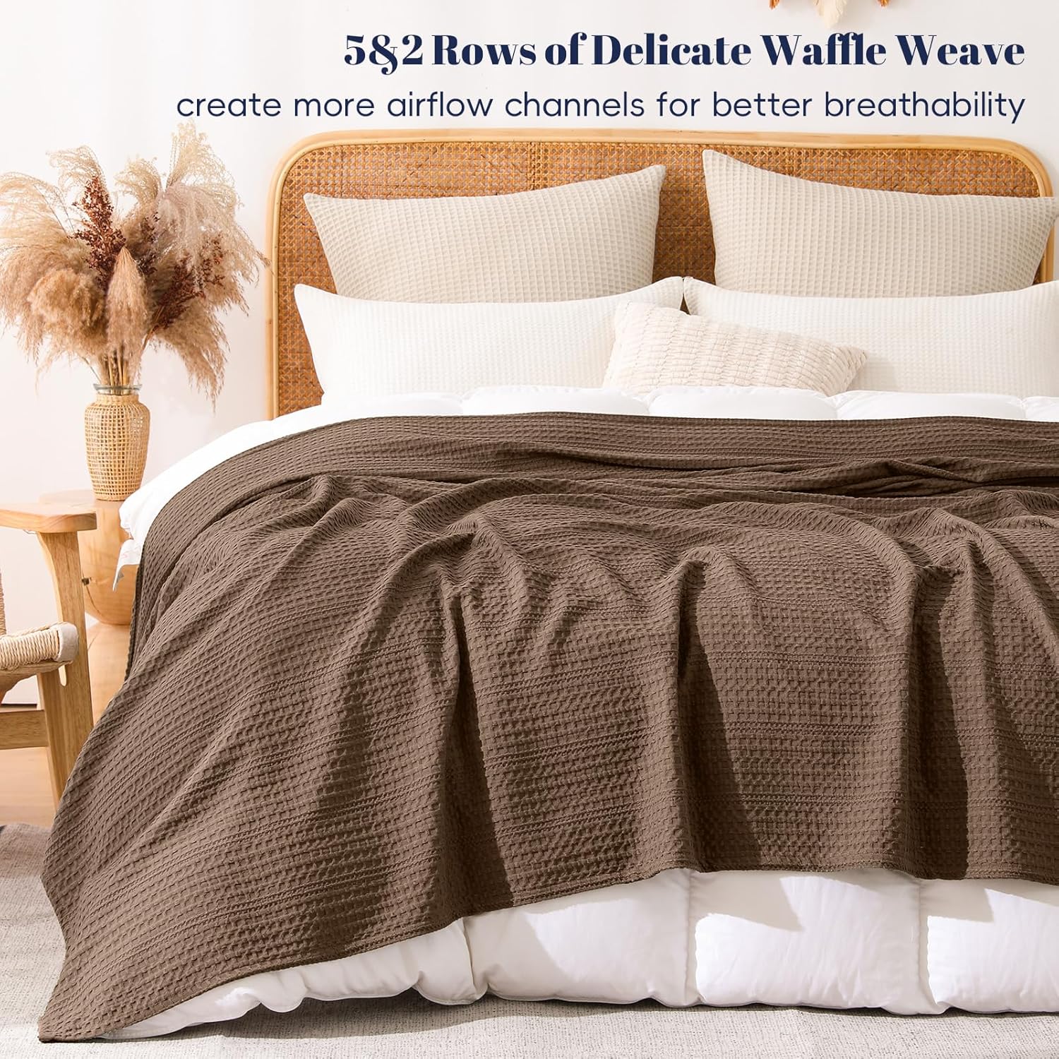 PHF Lightweight Waffle Weave Blanket Queen Size 90"x 90", Soft Woven Summer Blanket for Hot Sleepers - Aesthetic Home Decor for Couch Bed Sofa, Pet Friendly, Cocoa Brown - Image 5