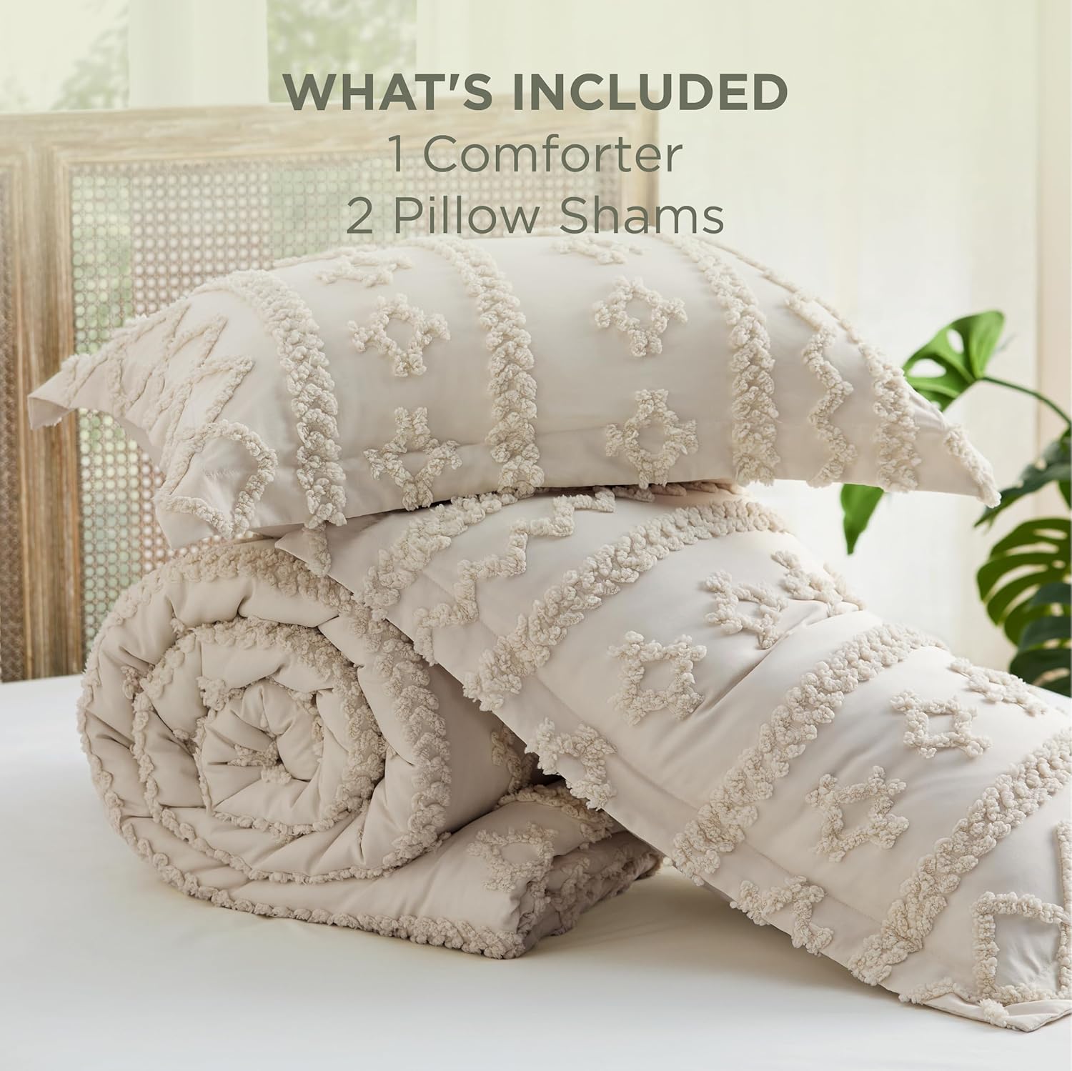 Bedsure Tufted Boho Comforter Set Queen Size - Beige Boho Bed Set, GentleSoft™ 3 Pieces Farmhouse-Style Embroidery Bedding, Gifts for Woman, Soft Jacquard Queen Comforter for All Seasons - Image 7