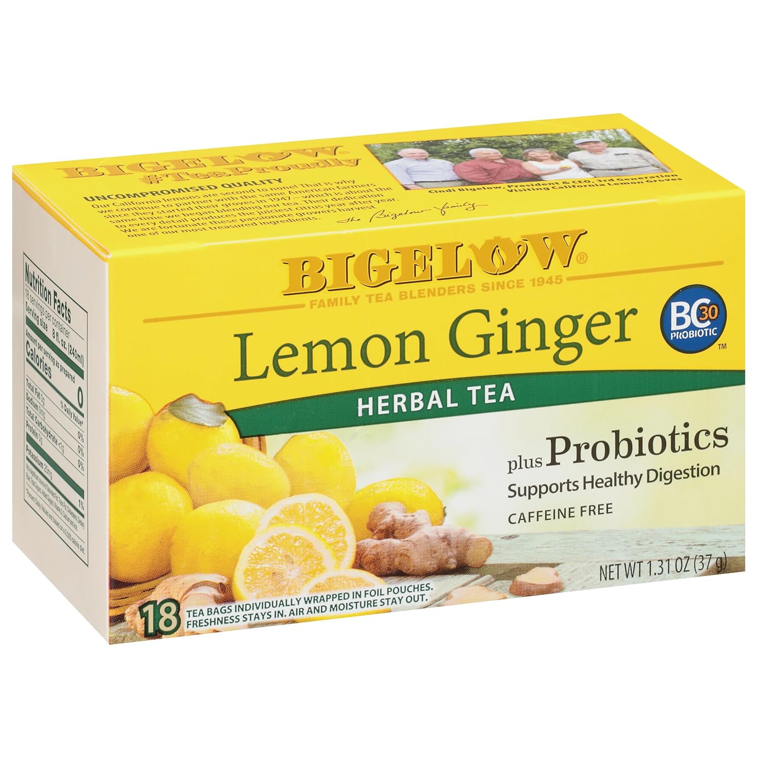 Bigelow Tea Lemon Ginger plus Probiotics Herbal Tea, Caffeine Free Tea with Lemon and Ginger, 18 Count Box (Pack of 6), 108 Total Tea Bags - Image 2