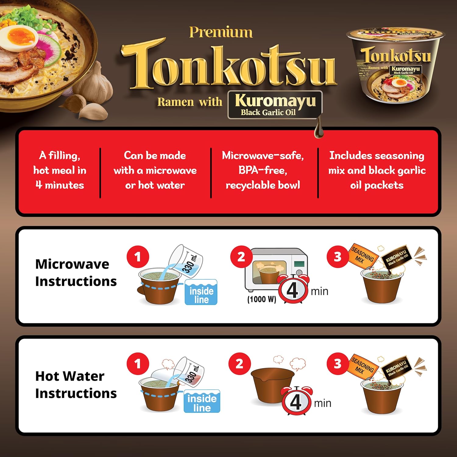 Nongshim Tonkotsu Ramen with Kuromayu Noodle Big Bowl, 3.56 Ounce (Pack Of 6) - Image 5