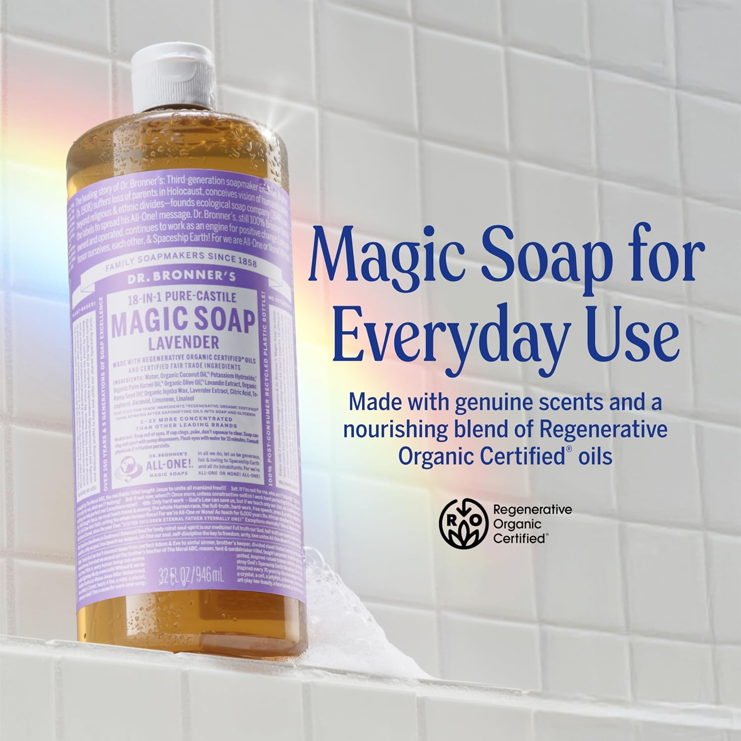 Dr. Bronner's Pure-Castile Liquid Soap, Made with Organic Oils, 18-in-1 Uses: Face, Body, Hair, Laundry, Pets and Dishes, Concentrated, Vegan, Non-GMO, Lavender, 32 Oz - Image 3