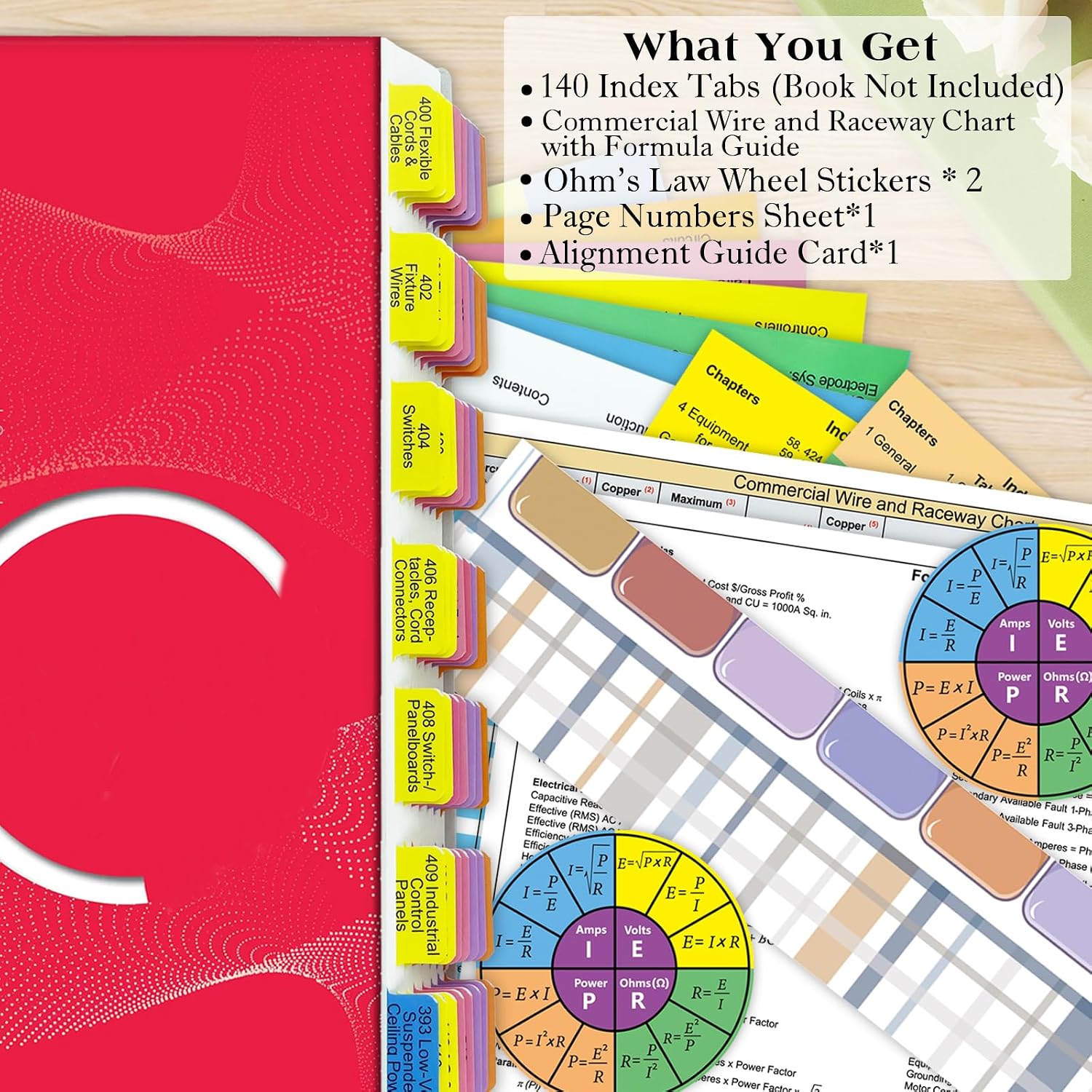 Upgraded 2023 National Electrical Code (NEC) Book Tabs, 140 Color-Coded & Laminated Index Tabs, with Ohm's Law Stickers, Wire Chart & Page Numbers Sheet (Book not Included) - Image 4