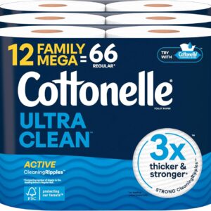 Cottonelle Ultra Clean Toilet Paper with Active CleaningRipples Texture, Strong Bath Tissue, 12 Family Mega Rolls = 66 Regular Rolls