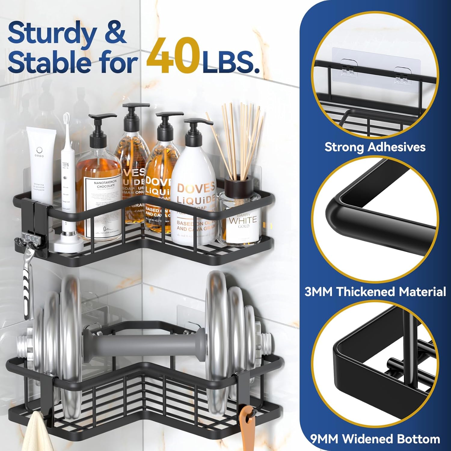 YASONIC Corner Shower Caddy, 5-Pack Adhesive Rustproof Stainless Steel Shower Organizer with Soap Holder, No Drilling Shower Shelf for Inside Shower, Dorm, Renters, Black - Image 5