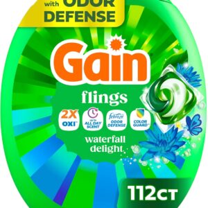 Gain Flings Liquid Washing Detergent Pacs, Now with Odor Defense + Color Guard, Waterfall Delight Scent, 4-In-1 Liquid Laundry Detergent Pods, Clean & Fresh, 112 Count (Packaging May Vary)
