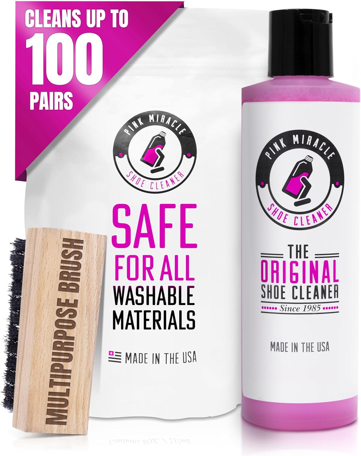 Pink Miracle Shoe Cleaner Kit with Bottle and Brush For Fabric Cleaner For Leather, Whites, Suede and Nubuck Sneakers - Image 2