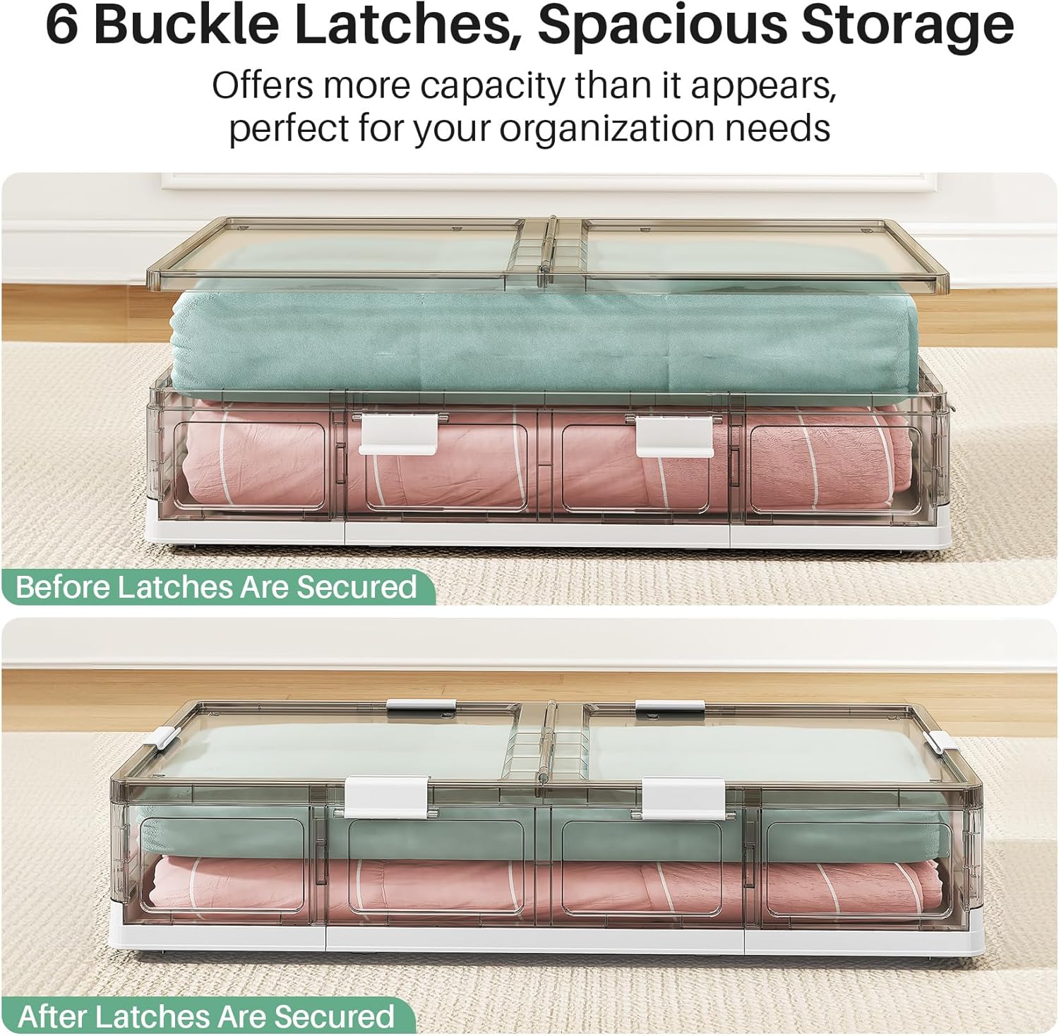 Kitstorack Clear Plastic Under Bed Storage Containers Bins with Lids and 8 Pre-installed Wheels,37.8 Qt, Rolling Foldable Flat Under Bed Organizer Boxes for Clothes Shoes Clothing Bedroom - Image 8