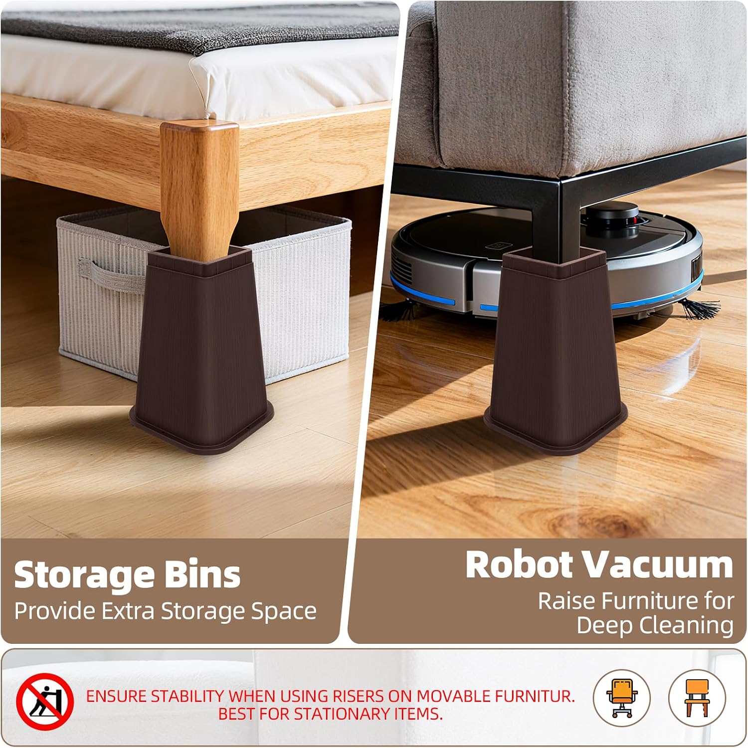 Bed Risers Heavy Duty, Adjustable Furniture Risers 8 inch, Non Slip Lift Supports for Beds/Couches/Sofas, Durable Square Design with Creates Storage Space (Brown 6 Pack, 8 Inch) - Image 6