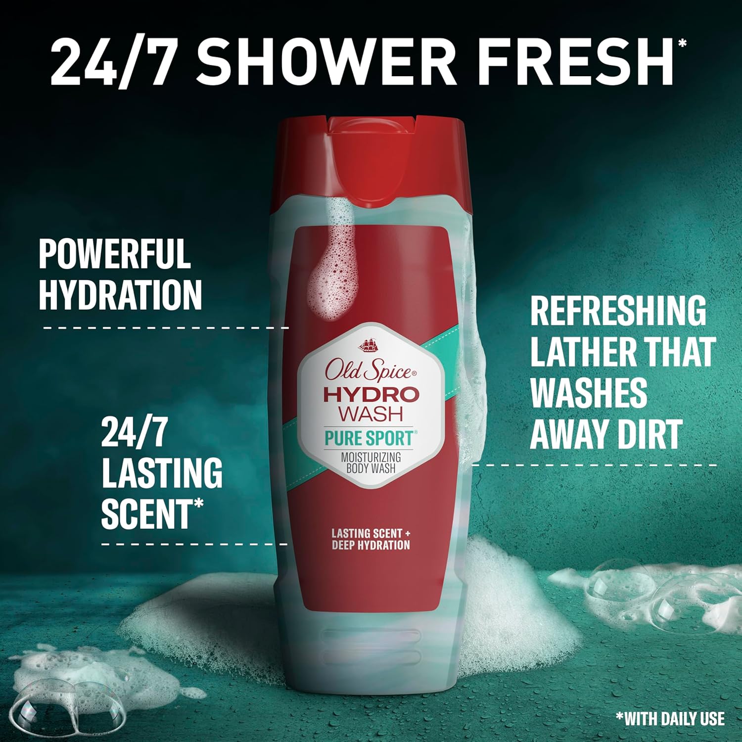 Old Spice Moisturizing Body Wash for Men, Hydro Wash, 2-in-1 Long Lasting Scent & Powerful Hydration to Fight Dry Skin, 24/7 Shower Fresh, Pure Sport Scent, 16 oz (Pack of 4) - Image 3