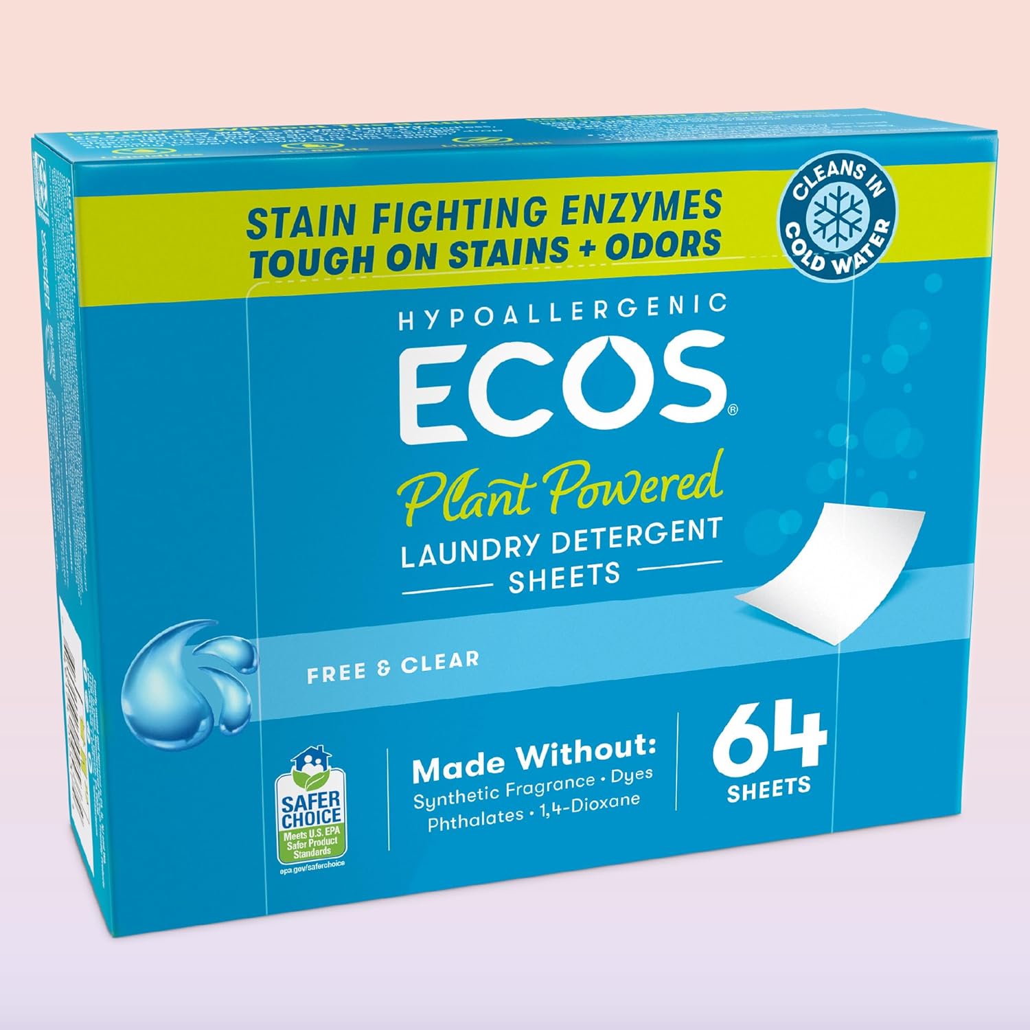 ECOS Laundry Detergent Sheets Vegan, No Plastic Jug, No Mess & Liquid Free - Hypoallergenic, Plant Powered Laundry Detergent Sheet - Free and Clear - 64 Count (Pack of 1) - Image 3