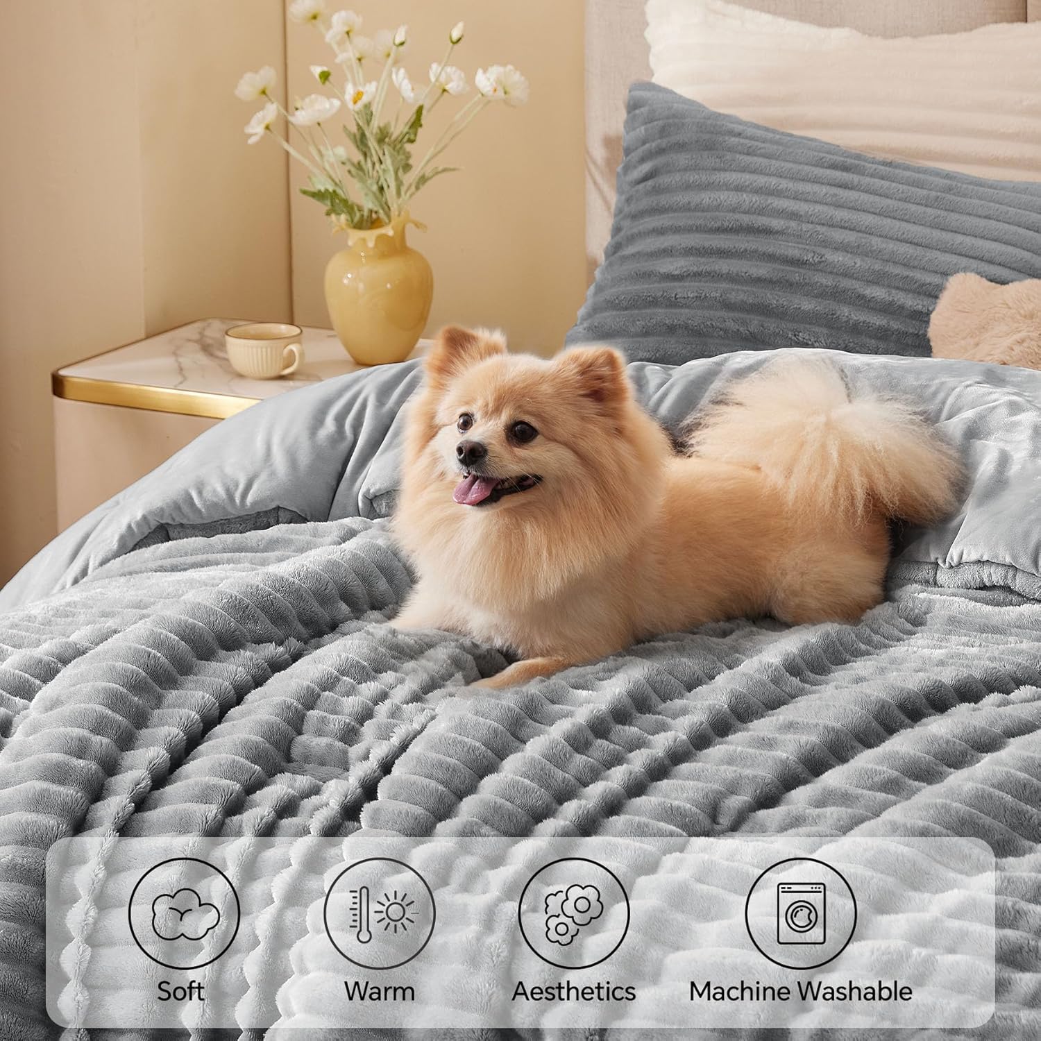 BEDELITE Fleece Queen Comforter Set -Super Soft & Warm Fluffy Light Grey Bedding, Luxury Fuzzy Heavy Bed Set for All Season with 2 Pillow Cases - Image 4