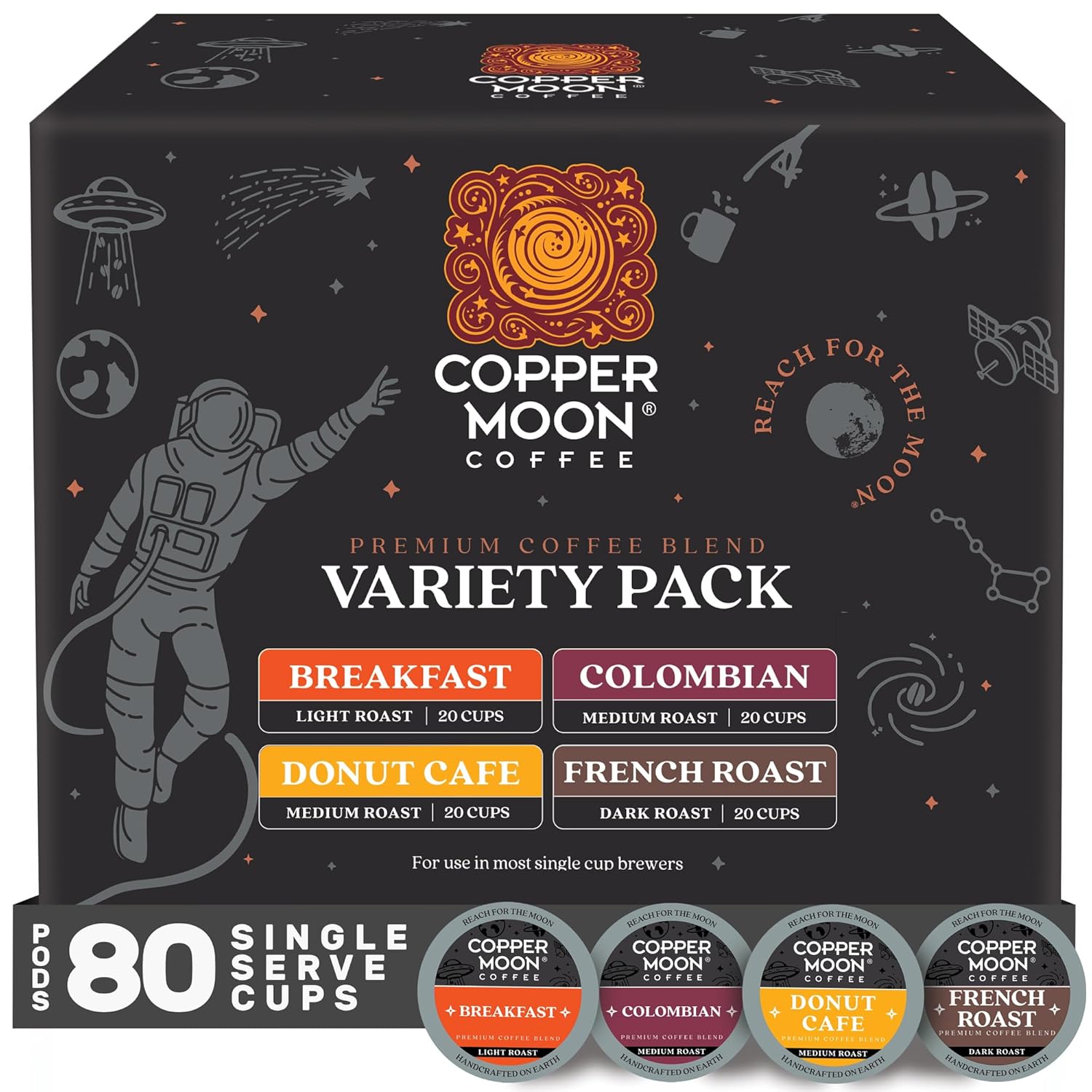 Copper Moon Single Serve Coffee Pods For Keurig K-Cup Brewers, Light Medium & Dark Roast, Variety Pack, 80 Count - Image 2