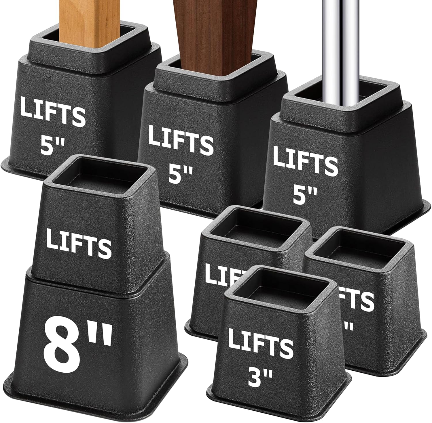 RÉALWÁY 8-Pack Bed Risers Furniture Risers - 3, 5, 8 Inch 3-in-1 Combination Furniture Lifts, Heavy Duty for Couch,Bed Frame,Table Cabinet - 1300lbs Capacity per Riser, Black - Image 2