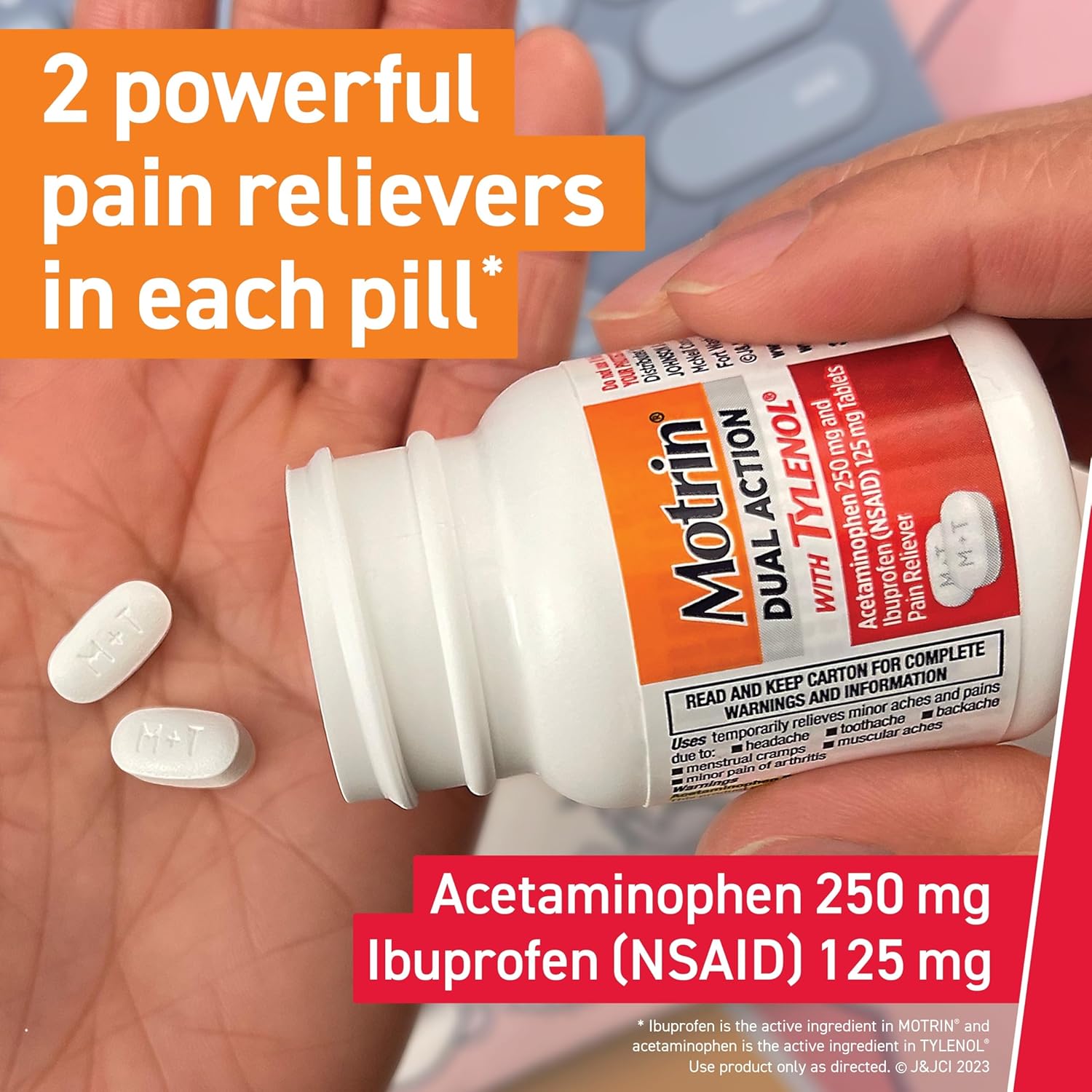 Motrin Dual Action with Tylenol, Ibuprofen & Acetaminophen Fast-Acting, Long Lasting Pain Reliever for Minor Aches & Pains, Ibuprofen (NSAID) 125 mg & Acetaminophen 250 mg, 120 ct - Image 7