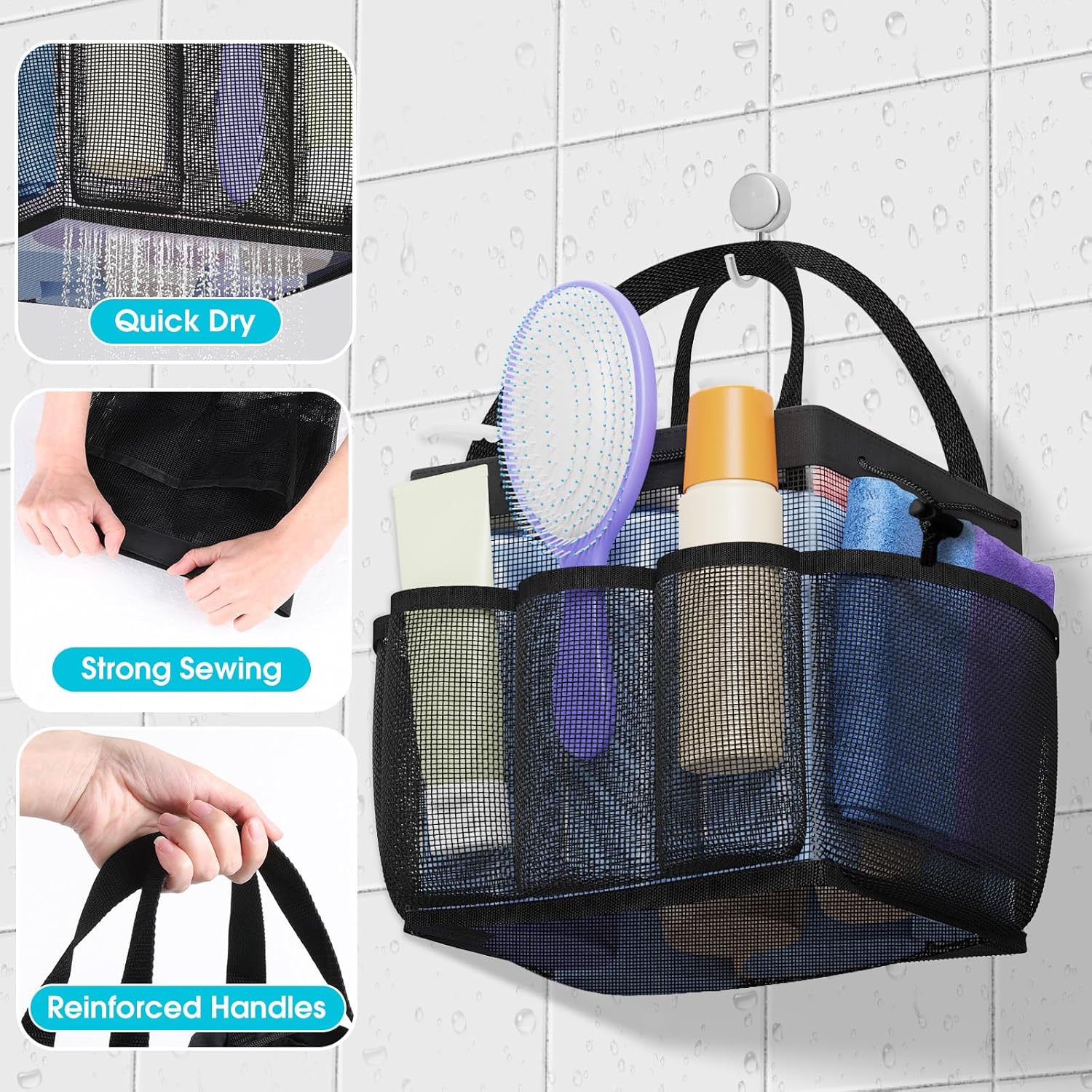 Large Mesh Shower Caddy Portable with Drawstring, 1 Main Compartment+ 7 Pockets, College Dorm Room Essentials for Girls, Shower Organizer Hanging Bag for Beach, Swim, Gym, Travel(Black) - Image 5